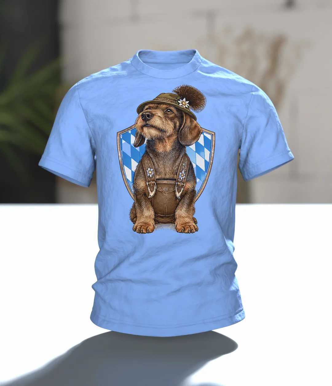 Dackel T-Shirt: Dackel in Lederhose mit Seppelhut und Gamsbart, Vintage-Kupferstich, Im Raum