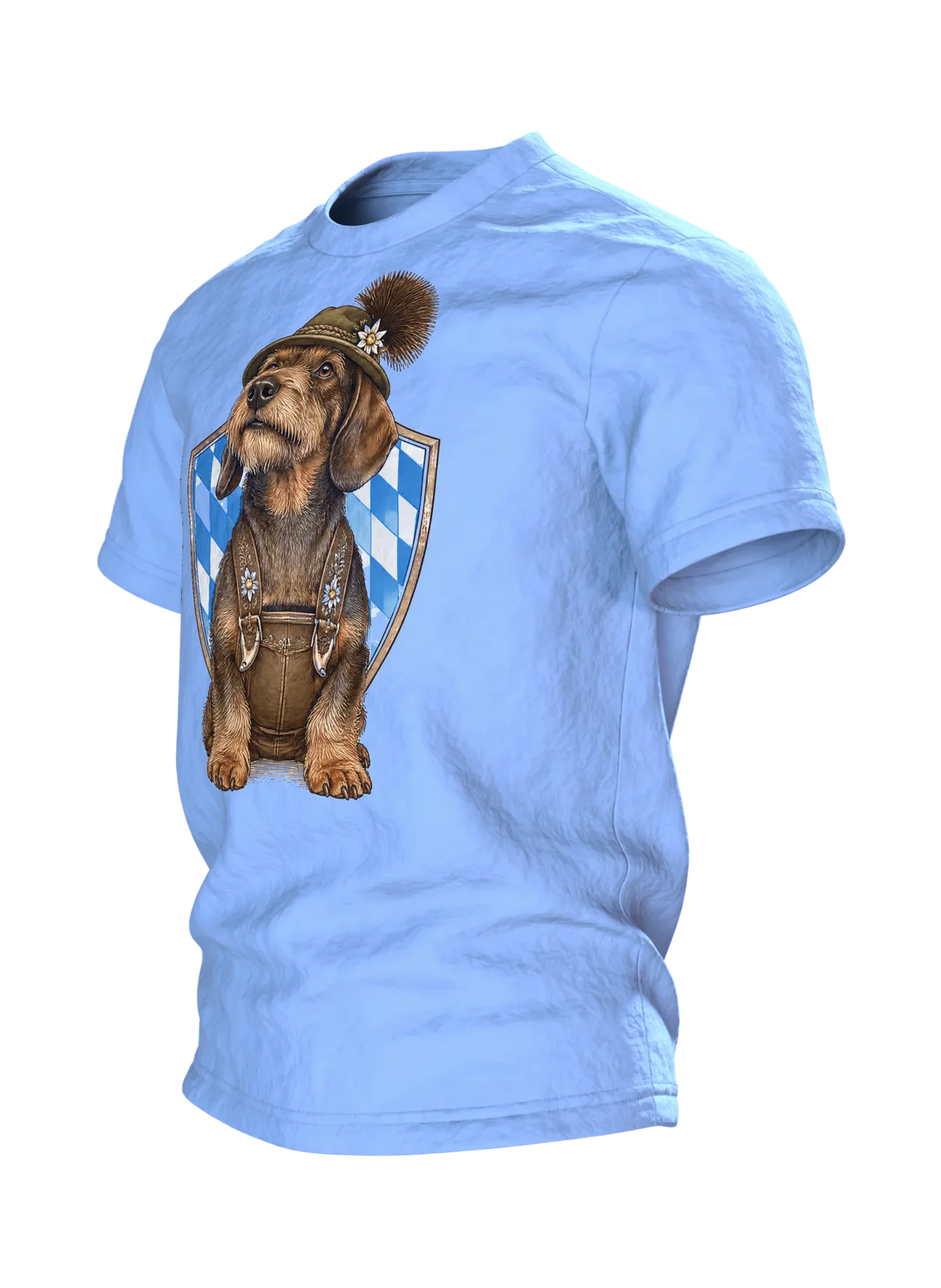 Dackel T-Shirt: Dackel in Lederhose mit Seppelhut und Gamsbart, Vintage-Kupferstich, Seitenansicht rechts