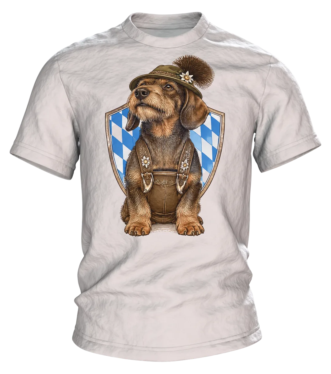 Dackel T-Shirt: Dackel in Lederhose mit Seppelhut und Gamsbart, Vintage-Kupferstich