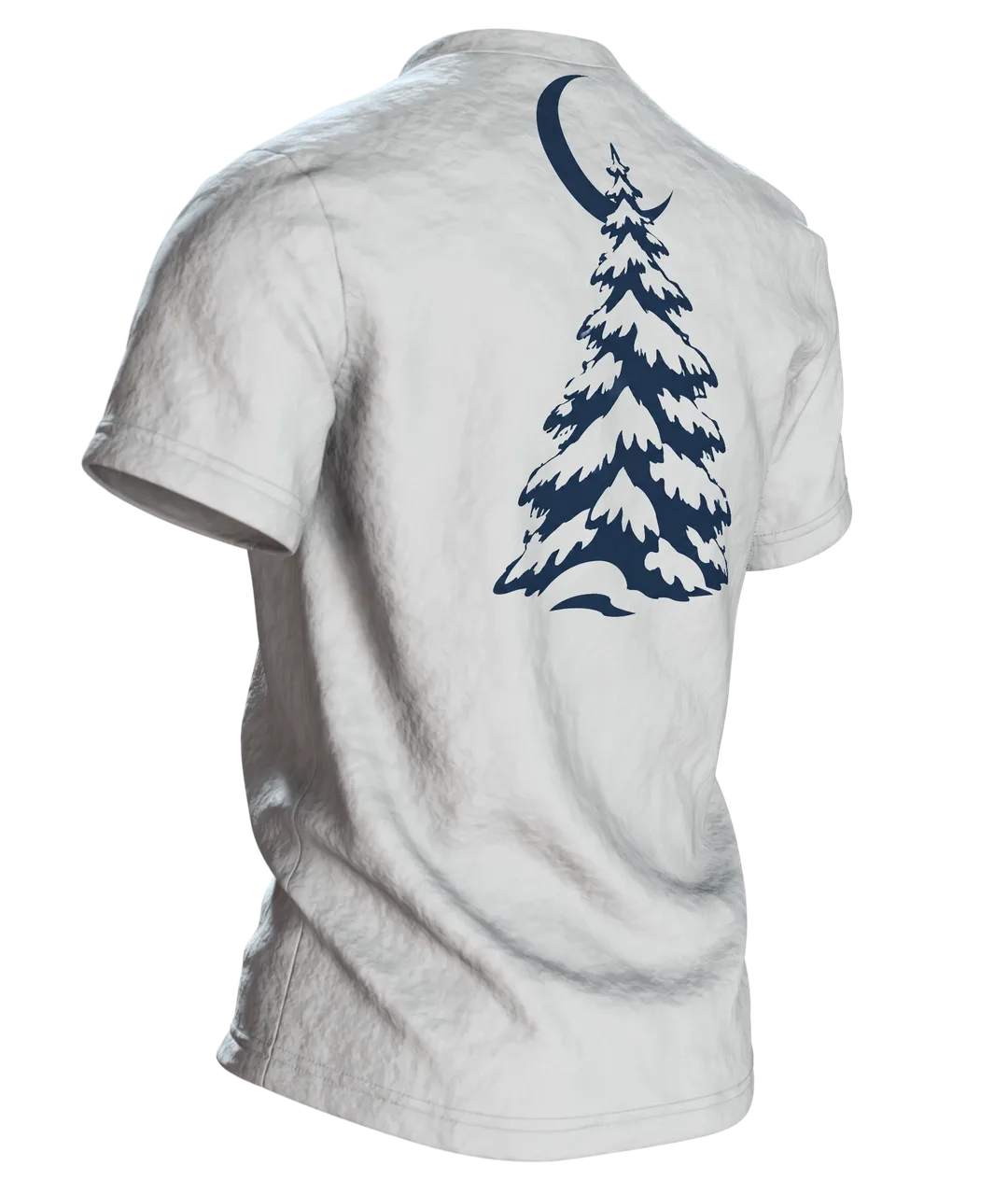 Verschneiter Winterwald T-Shirt: Magisches Winternacht Design, Rückseite schräg rechts