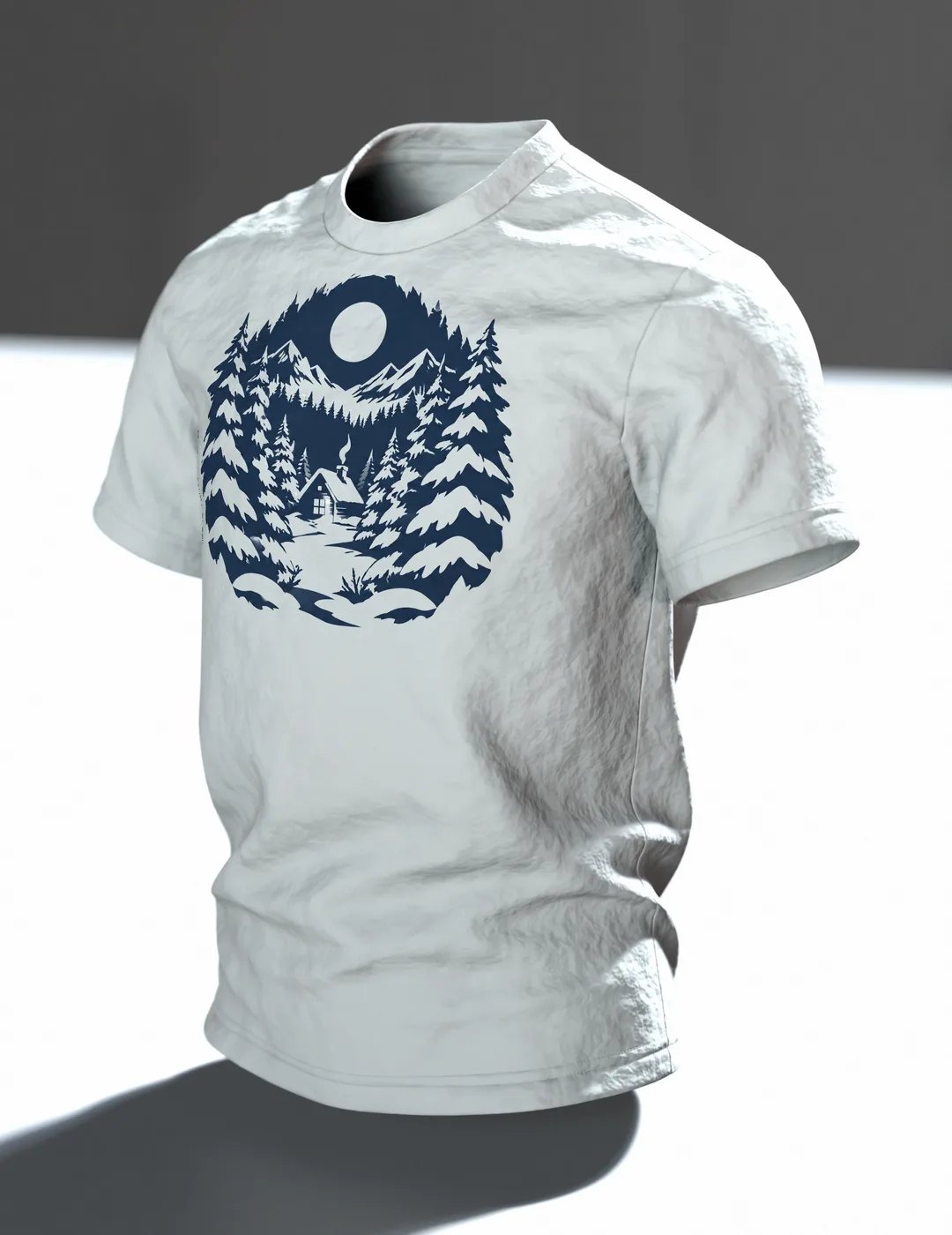 Verschneiter Winterwald T-Shirt: Magisches Winternacht Design, Im Raum, schräg