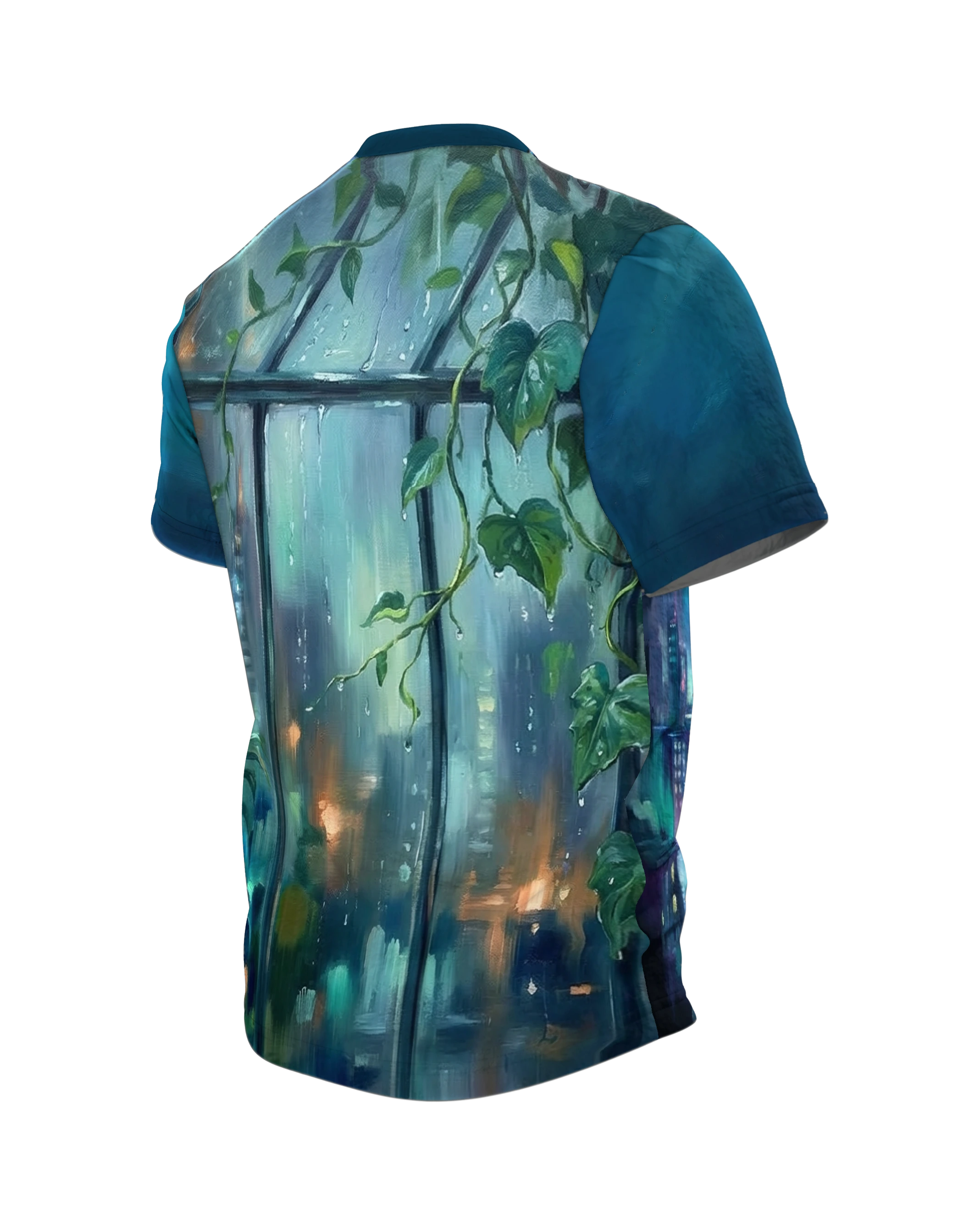 Satellit Gewächshaus T-Shirt: Lichtband über dem Glashaus, Rückseite schräg links