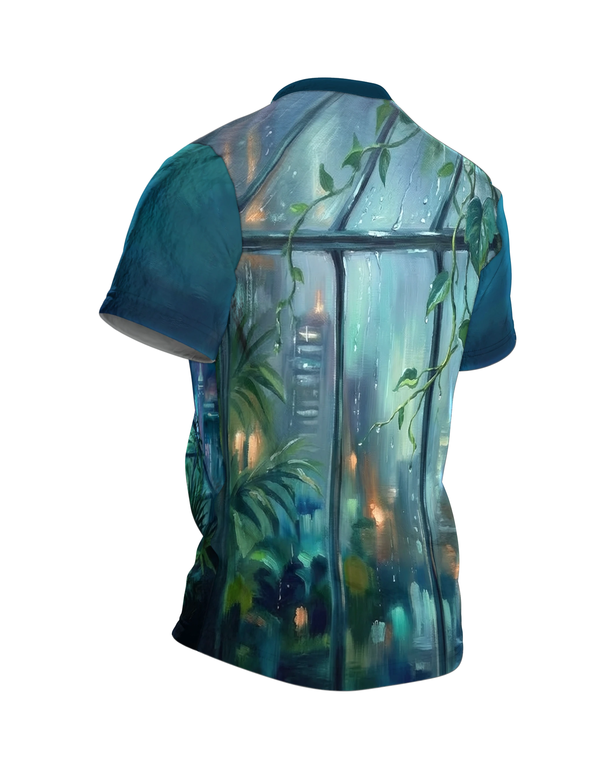 Satellit Gewächshaus T-Shirt: Lichtband über dem Glashaus, Rückseite schräg rechts