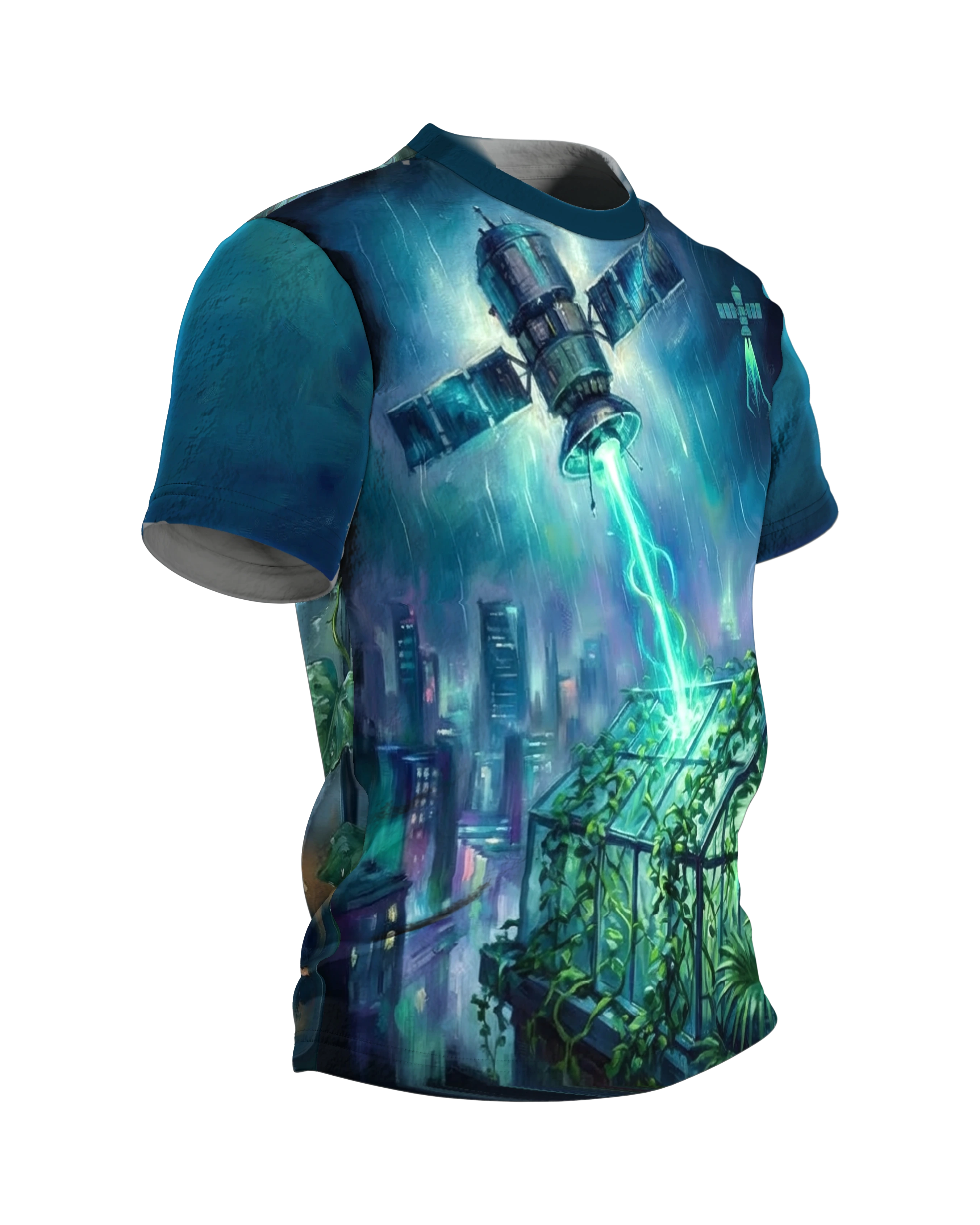 Satellit Gewächshaus T-Shirt: Lichtband über dem Glashaus, Seitenansicht links