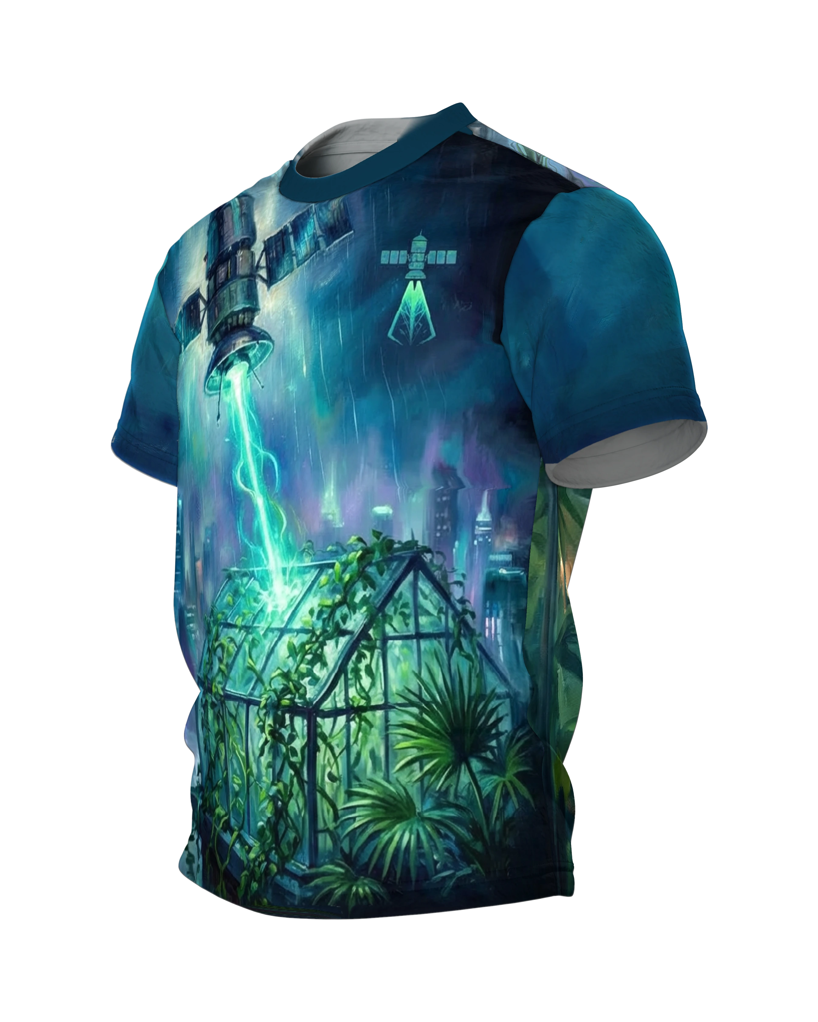 Satellit Gewächshaus T-Shirt: Lichtband über dem Glashaus, Seitenansicht rechts