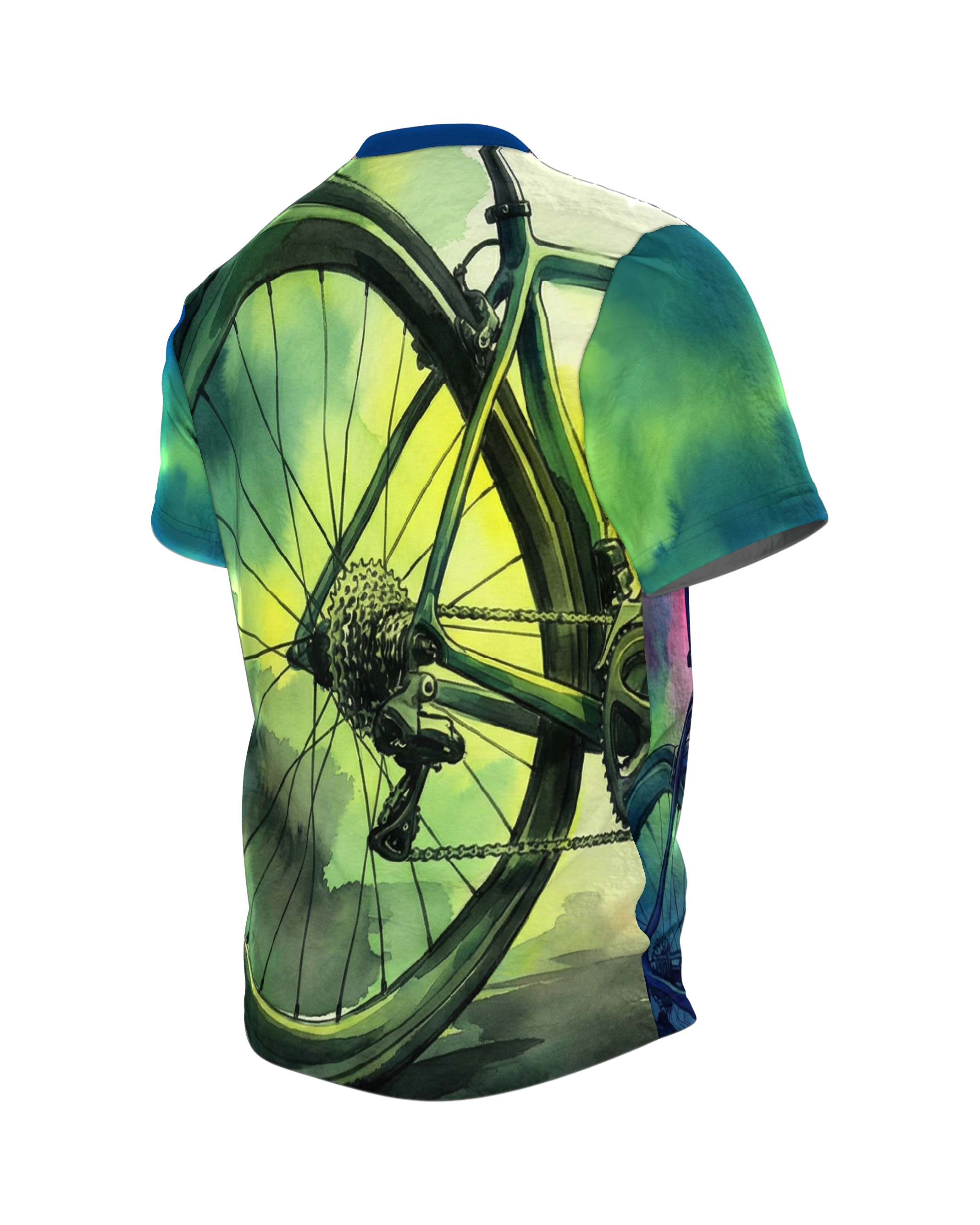 Rennrad Aquarell T-Shirt: Expressives Design, Rückseite schräg links