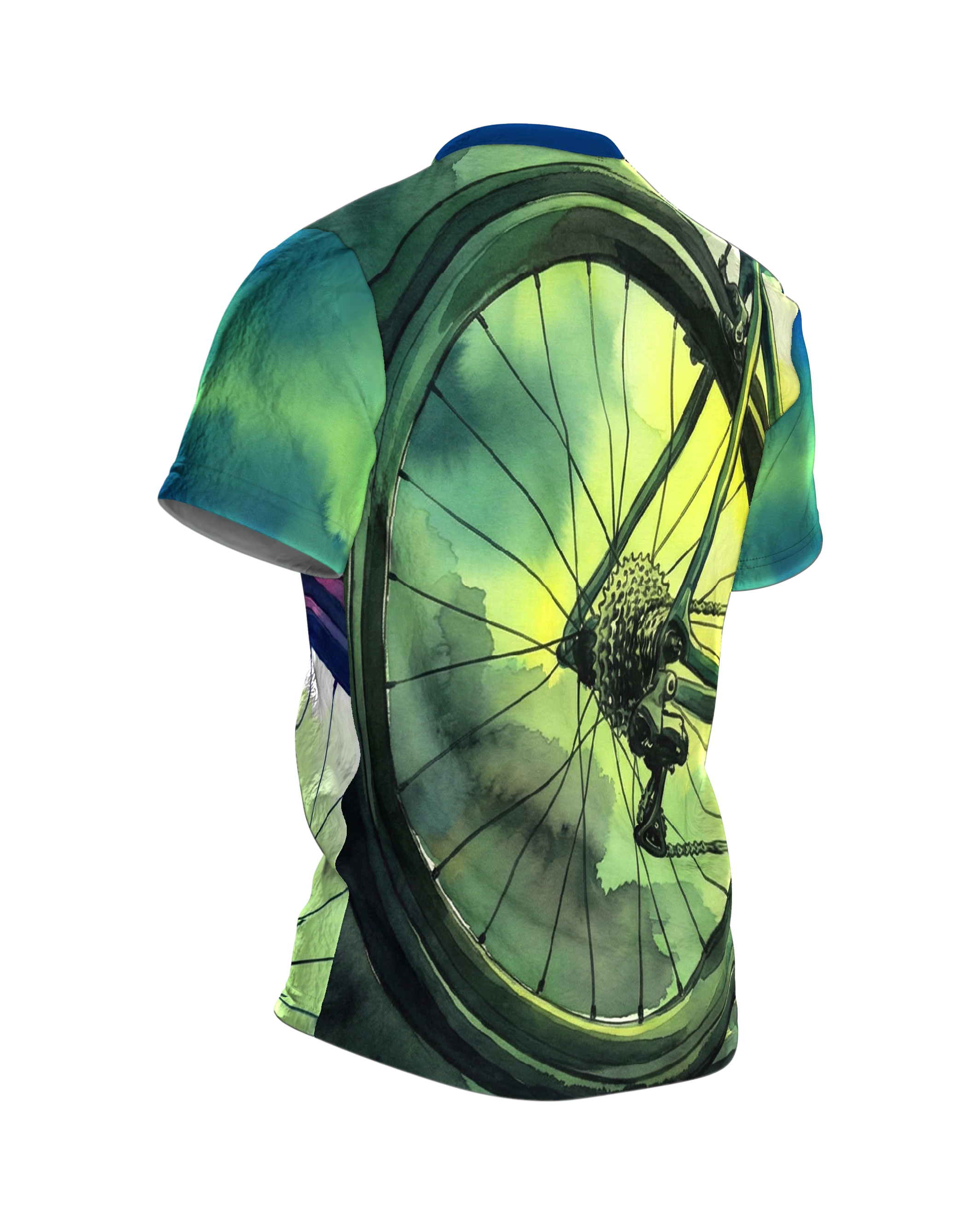 Rennrad Aquarell T-Shirt: Expressives Design, Rückseite schräg rechts