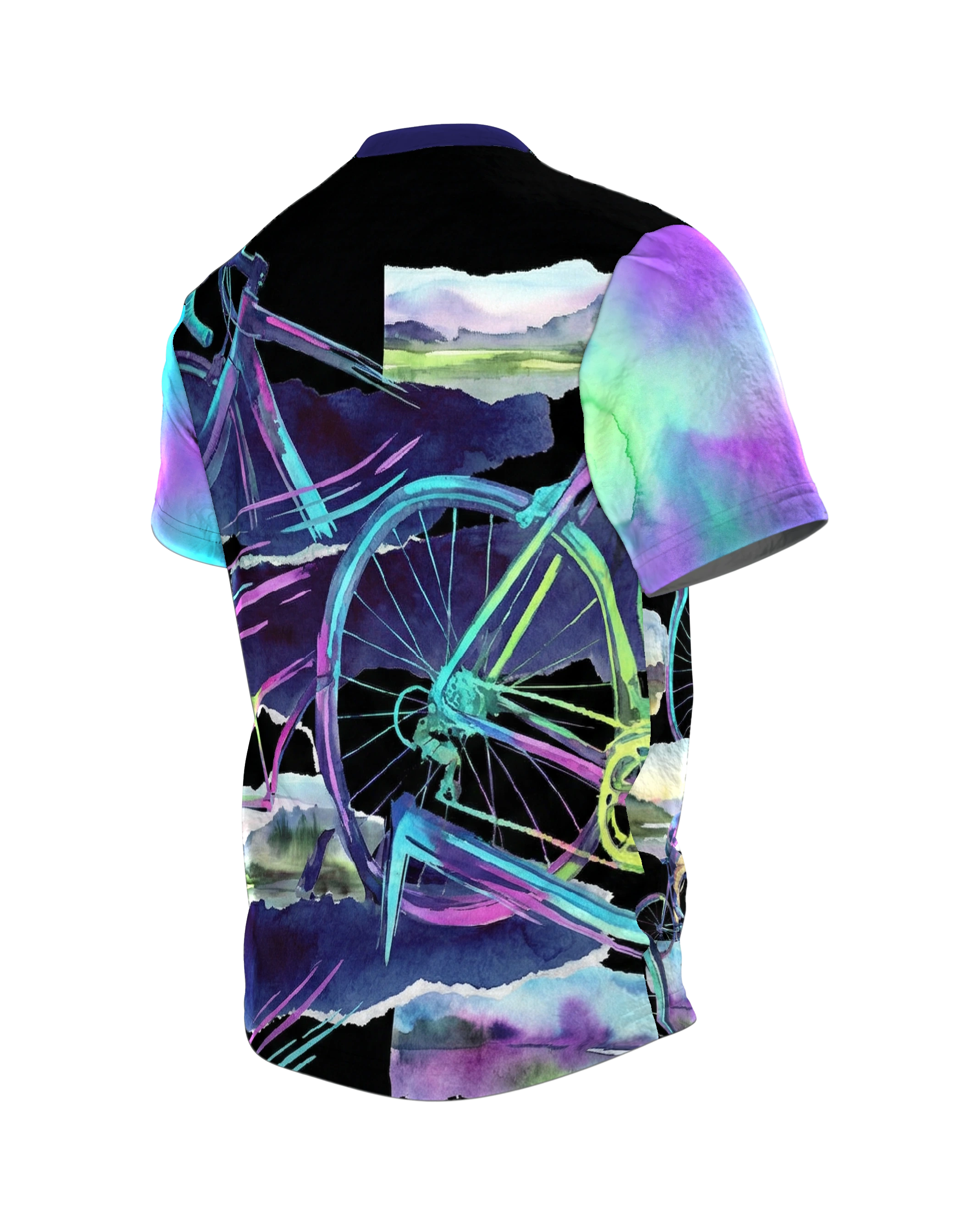 Rennrad Collage T-Shirt, Neon-Räder und Aquarell-Landschaften als Allover in Türkis Magenta, Rückseite schräg links