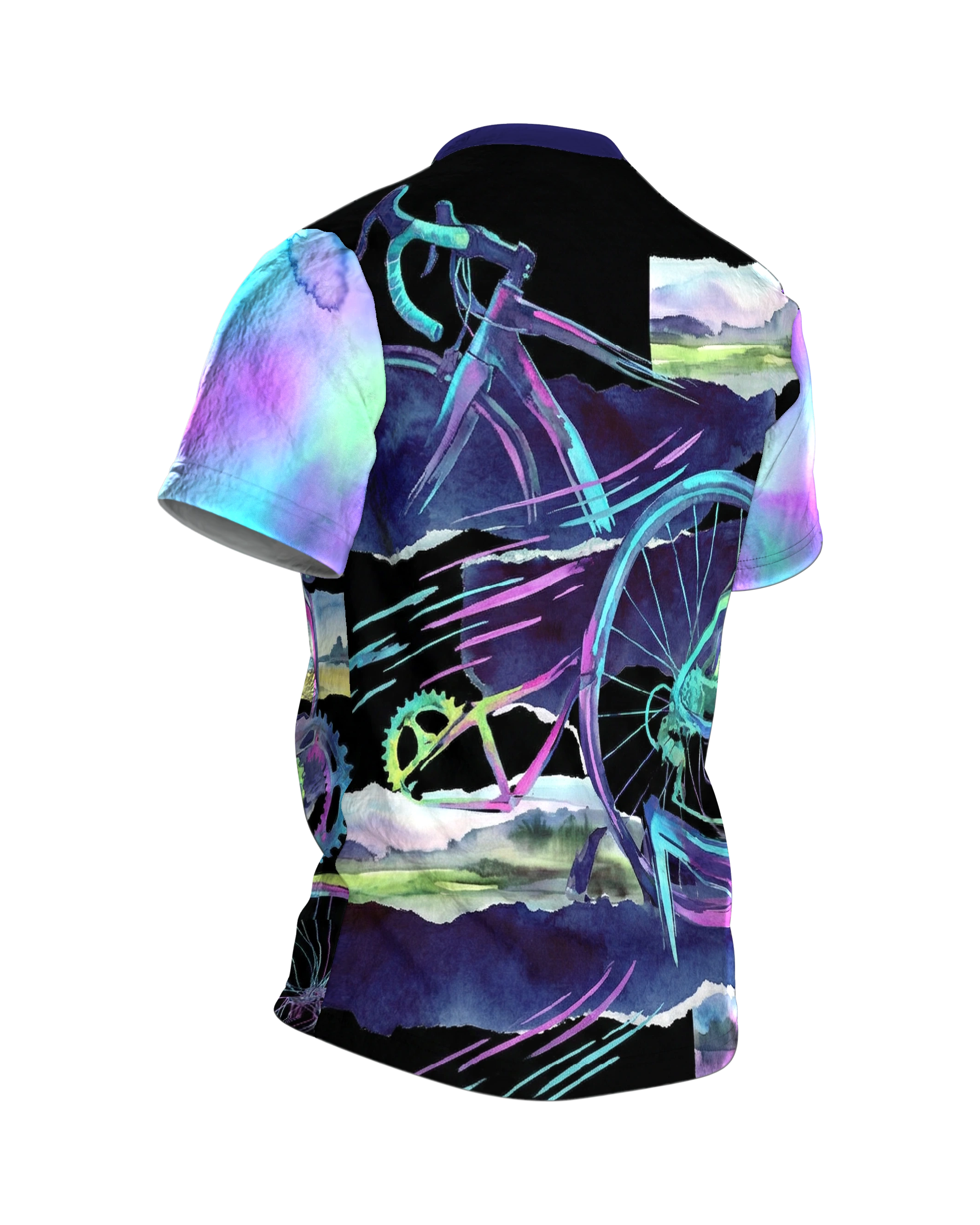 Rennrad Collage T-Shirt, Neon-Räder und Aquarell-Landschaften als Allover in Türkis Magenta, Rückseite schräg rechts