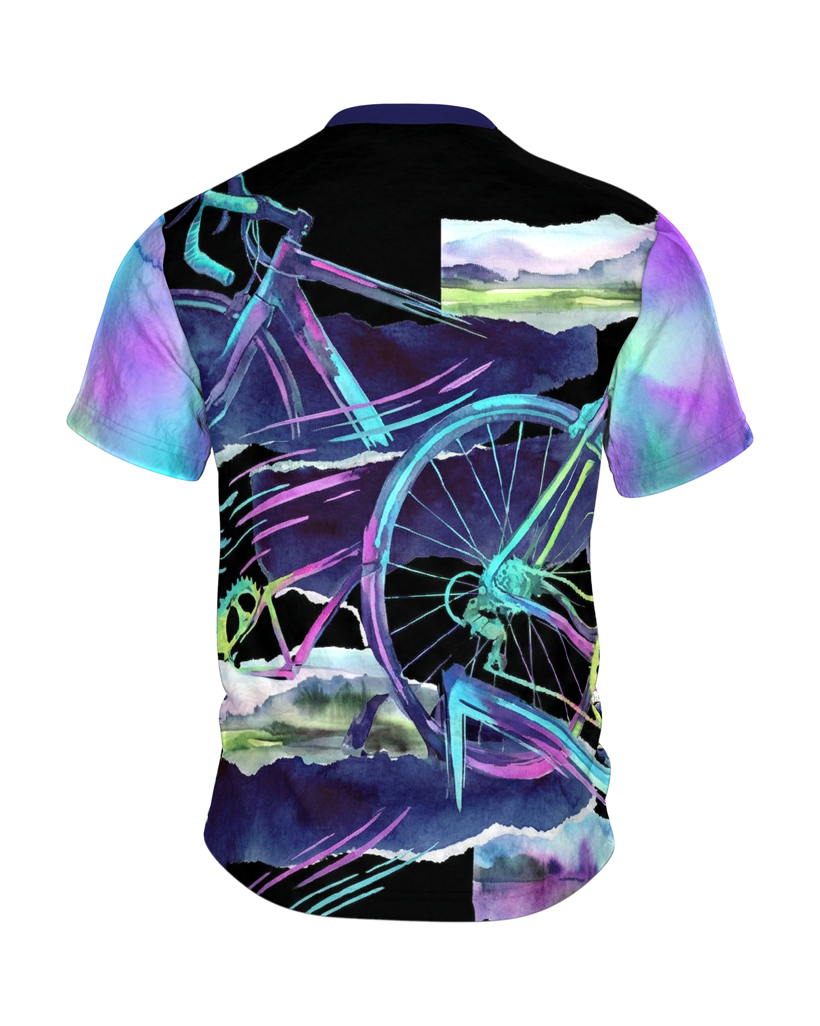 Rennrad Collage T-Shirt, Neon-Räder und Aquarell-Landschaften als Allover in Türkis Magenta, Rückseite