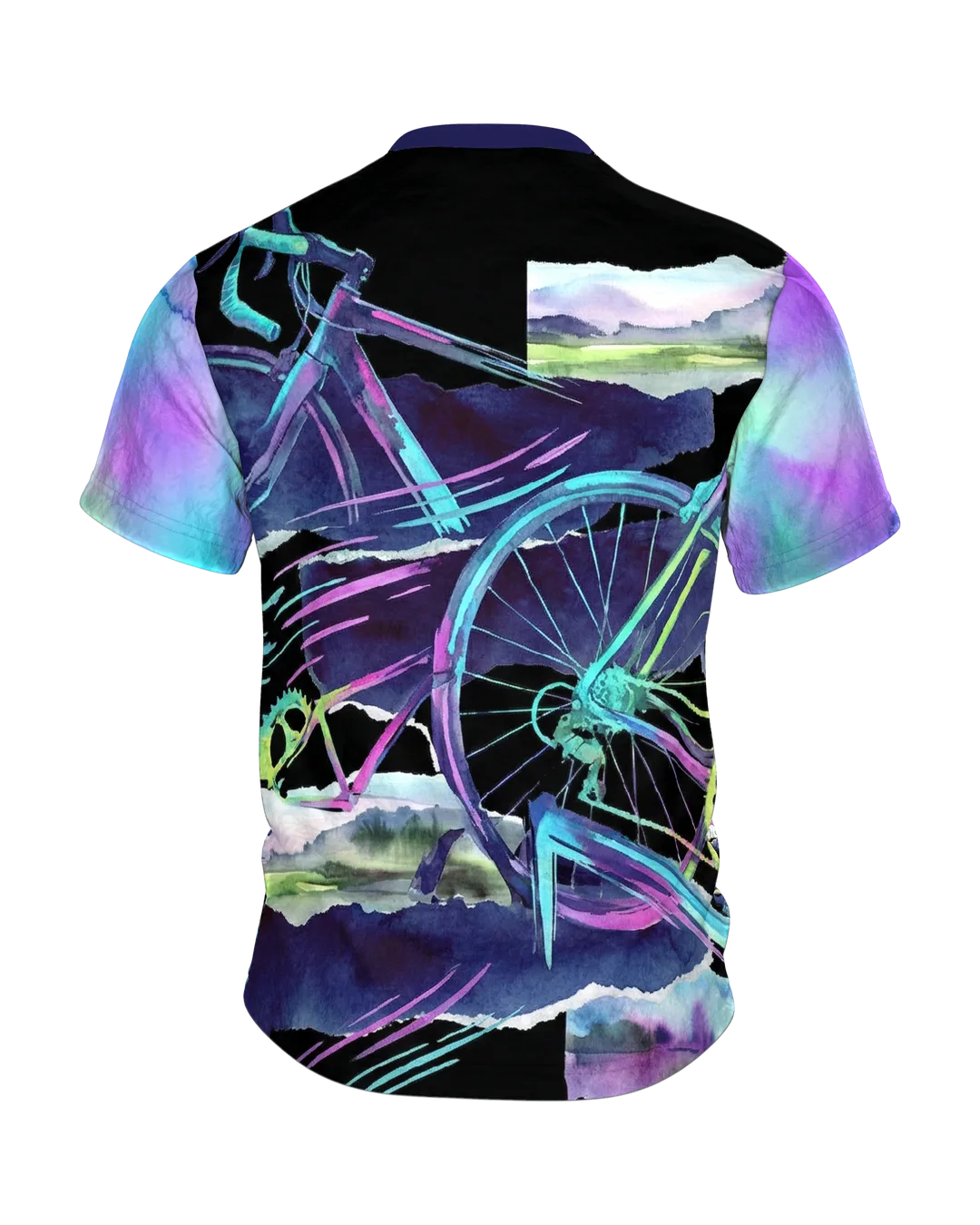 Rennrad Collage T-Shirt, Neon-Räder und Aquarell-Landschaften als Allover in Türkis Magenta, Rückseite