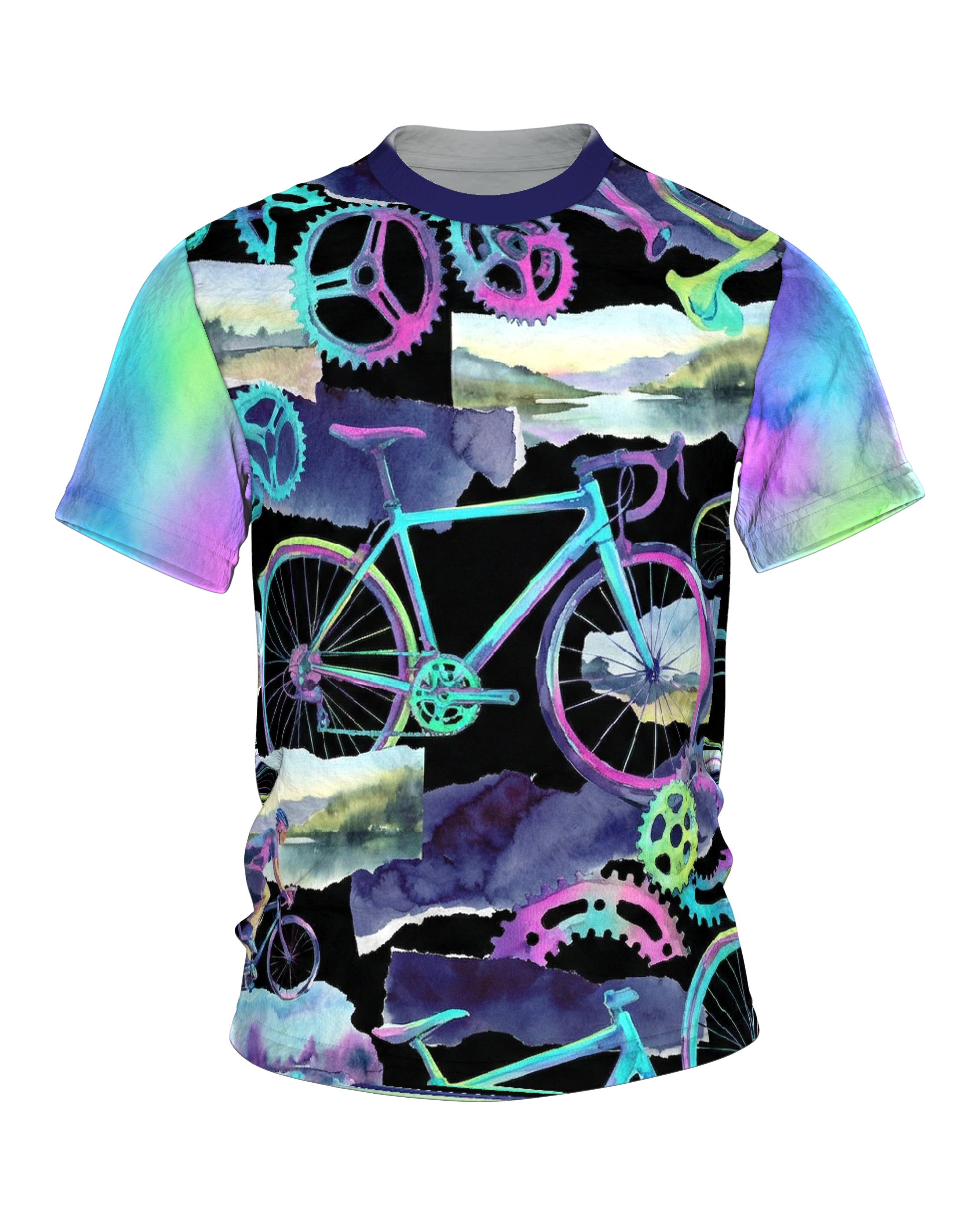 Rennrad Collage T-Shirt, Neon-Räder und Aquarell-Landschaften als Allover in Türkis Magenta