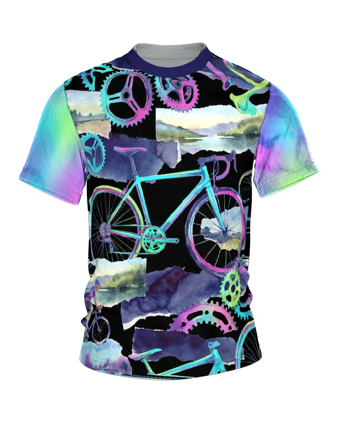 Rennrad Collage T-Shirt, Neon-Räder und Aquarell-Landschaften als Allover in Türkis Magenta