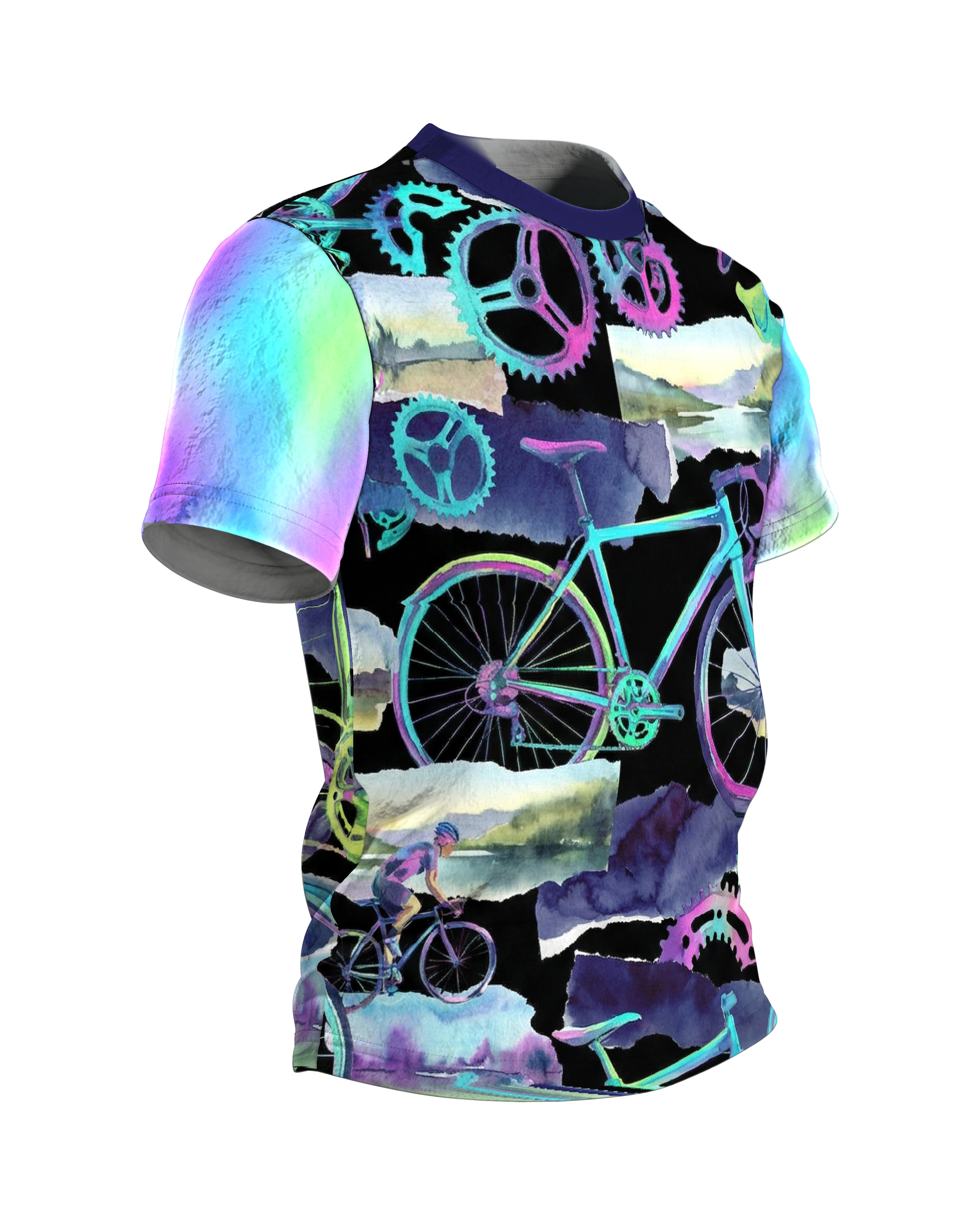Rennrad Collage T-Shirt, Neon-Räder und Aquarell-Landschaften als Allover in Türkis Magenta, Seitenansicht links