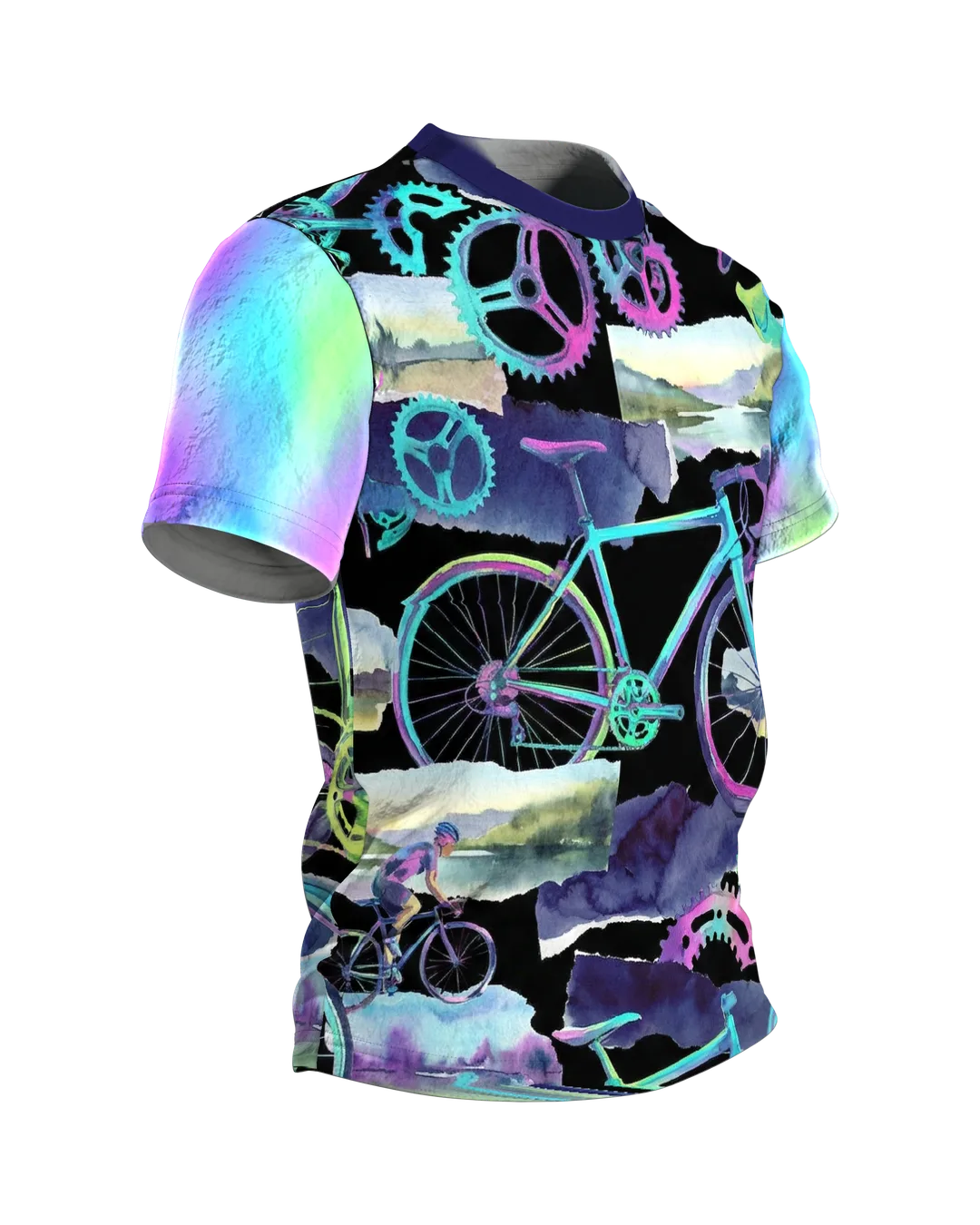 Rennrad Collage T-Shirt, Neon-Räder und Aquarell-Landschaften als Allover in Türkis Magenta, Seitenansicht links