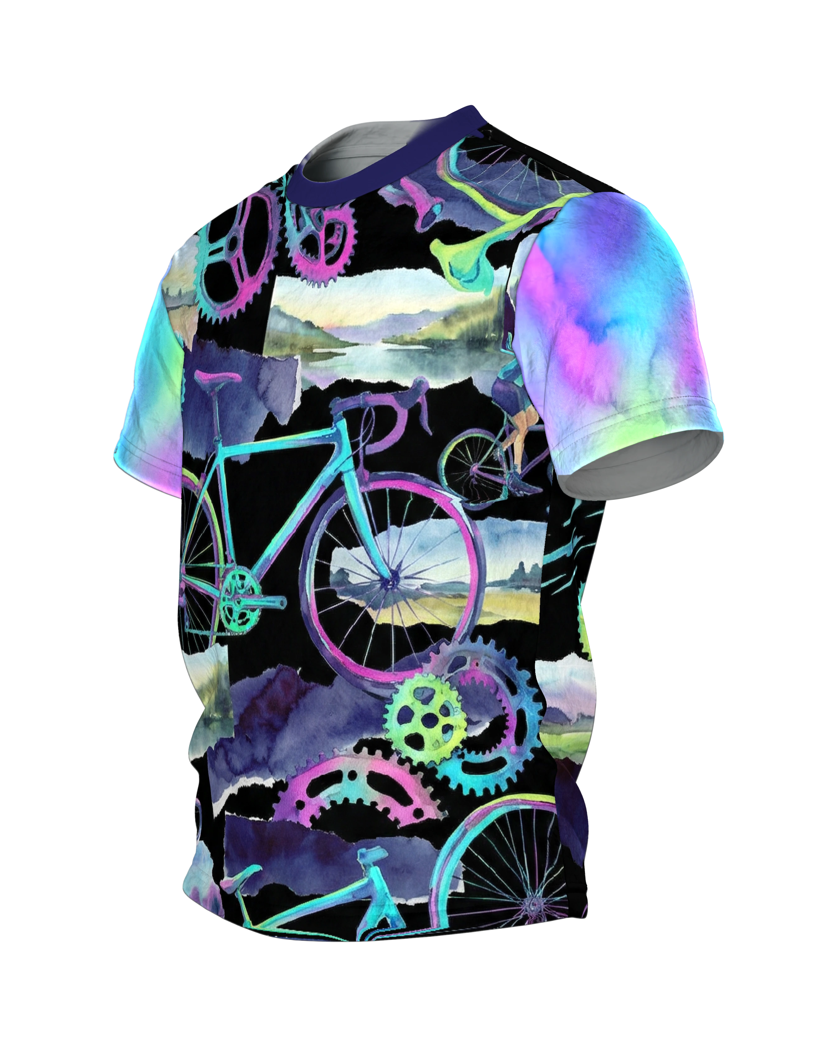 Rennrad Collage T-Shirt, Neon-Räder und Aquarell-Landschaften als Allover in Türkis Magenta, Seitenansicht rechts