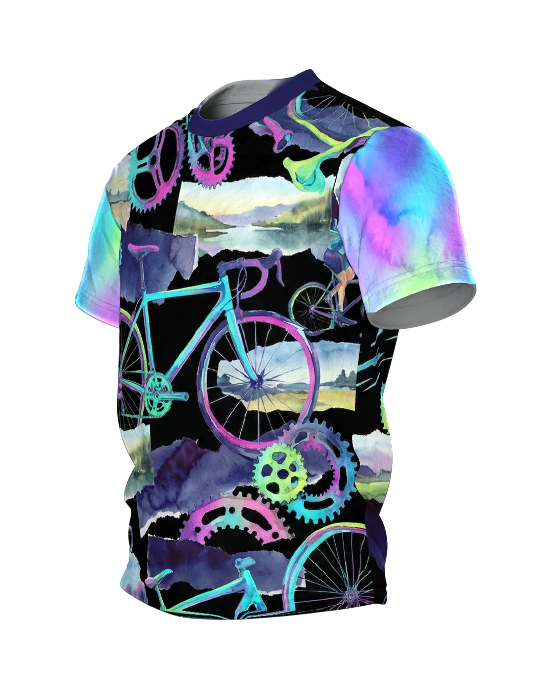 Rennrad Collage T-Shirt, Neon-Räder und Aquarell-Landschaften als Allover in Türkis Magenta, Seitenansicht rechts