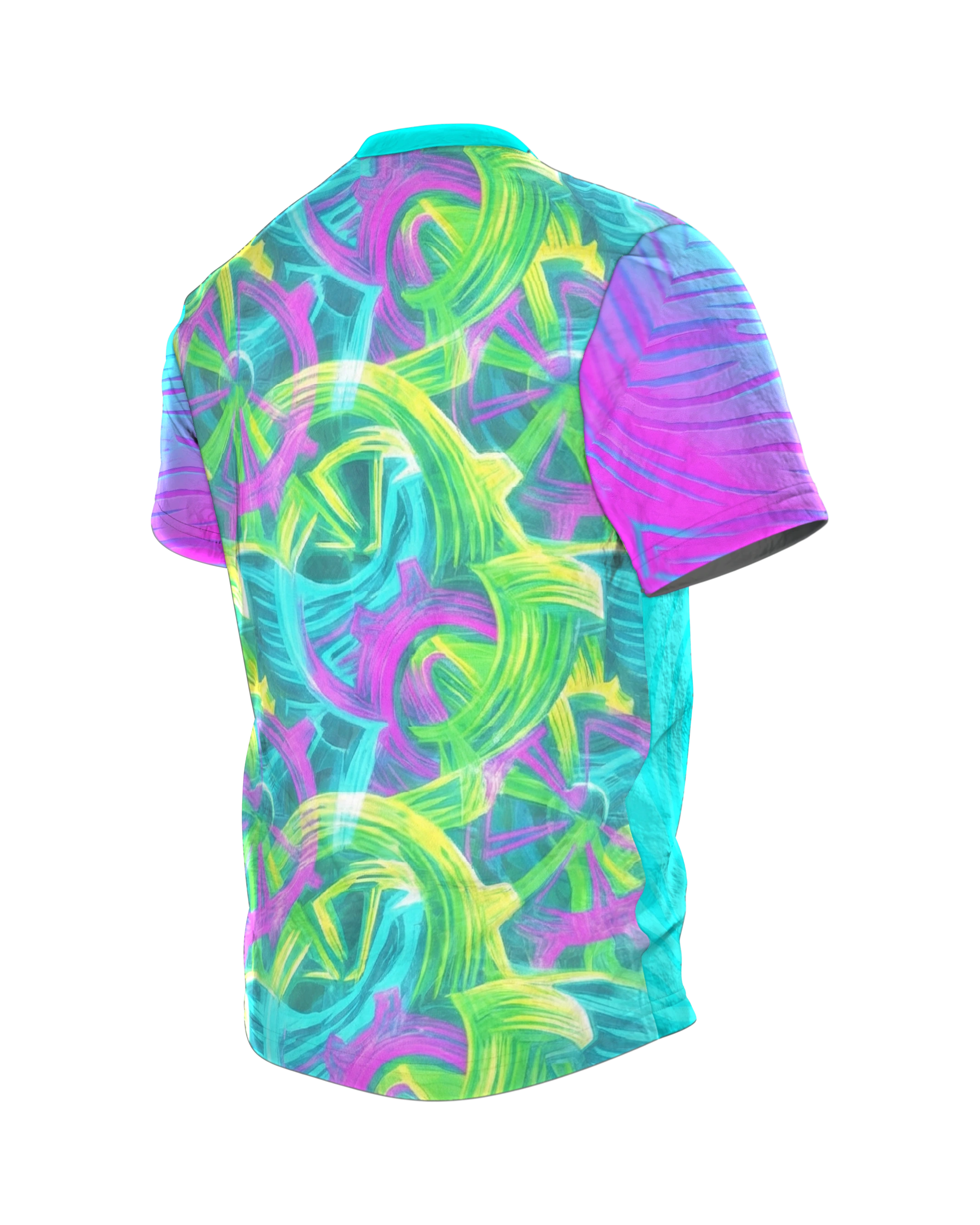 Neon Gears T-Shirt: Abstraktes Retro Cycling Design, Rückseite schräg links