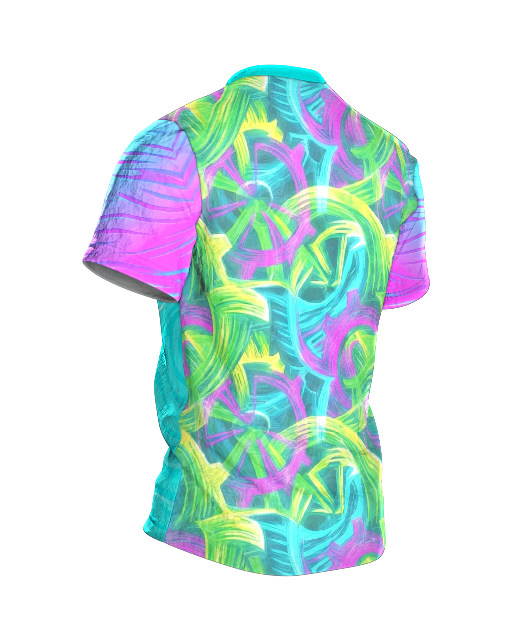 Neon Gears T-Shirt: Abstraktes Retro Cycling Design, Rückseite schräg rechts