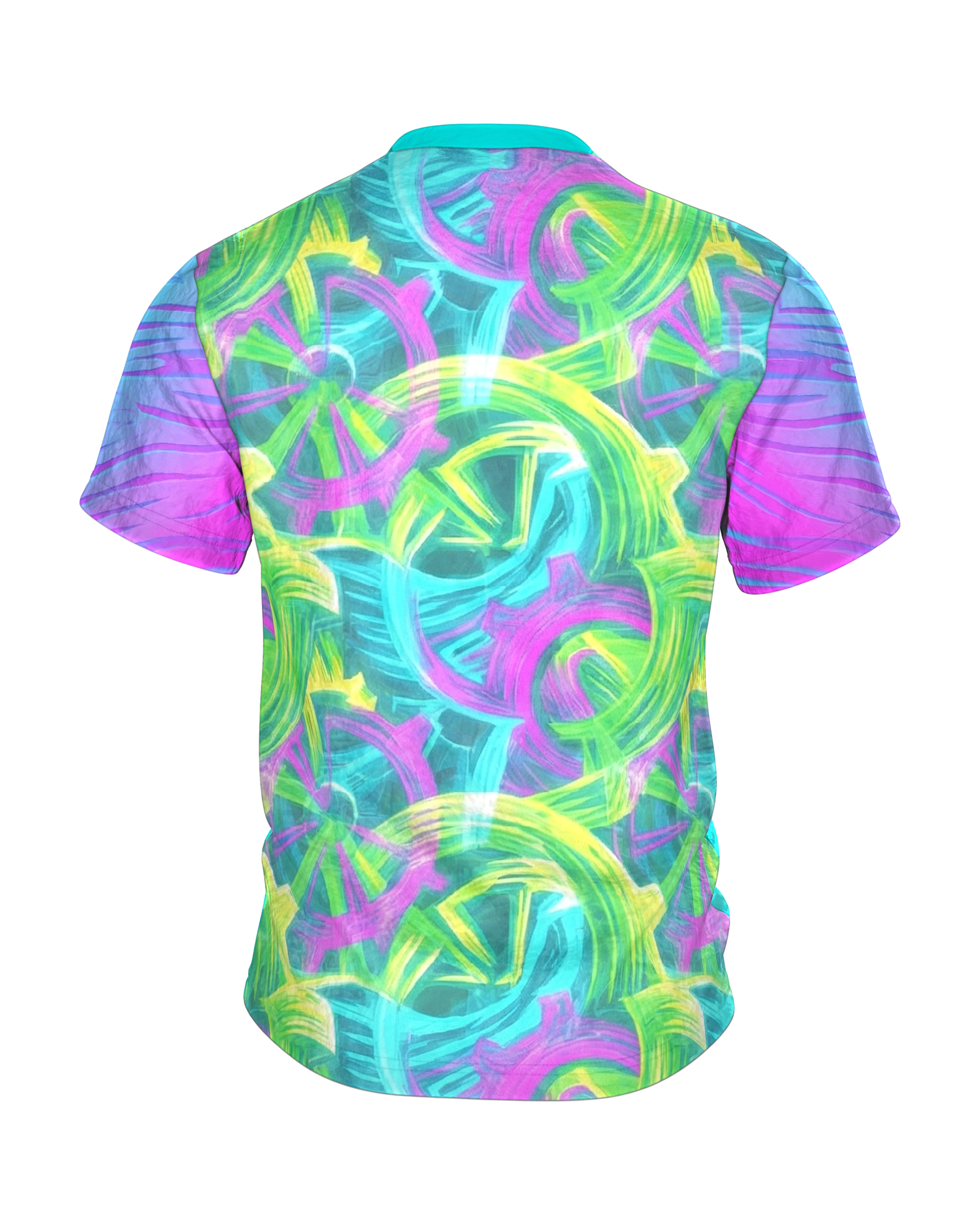Neon Gears T-Shirt: Abstraktes Retro Cycling Design, Rückseite