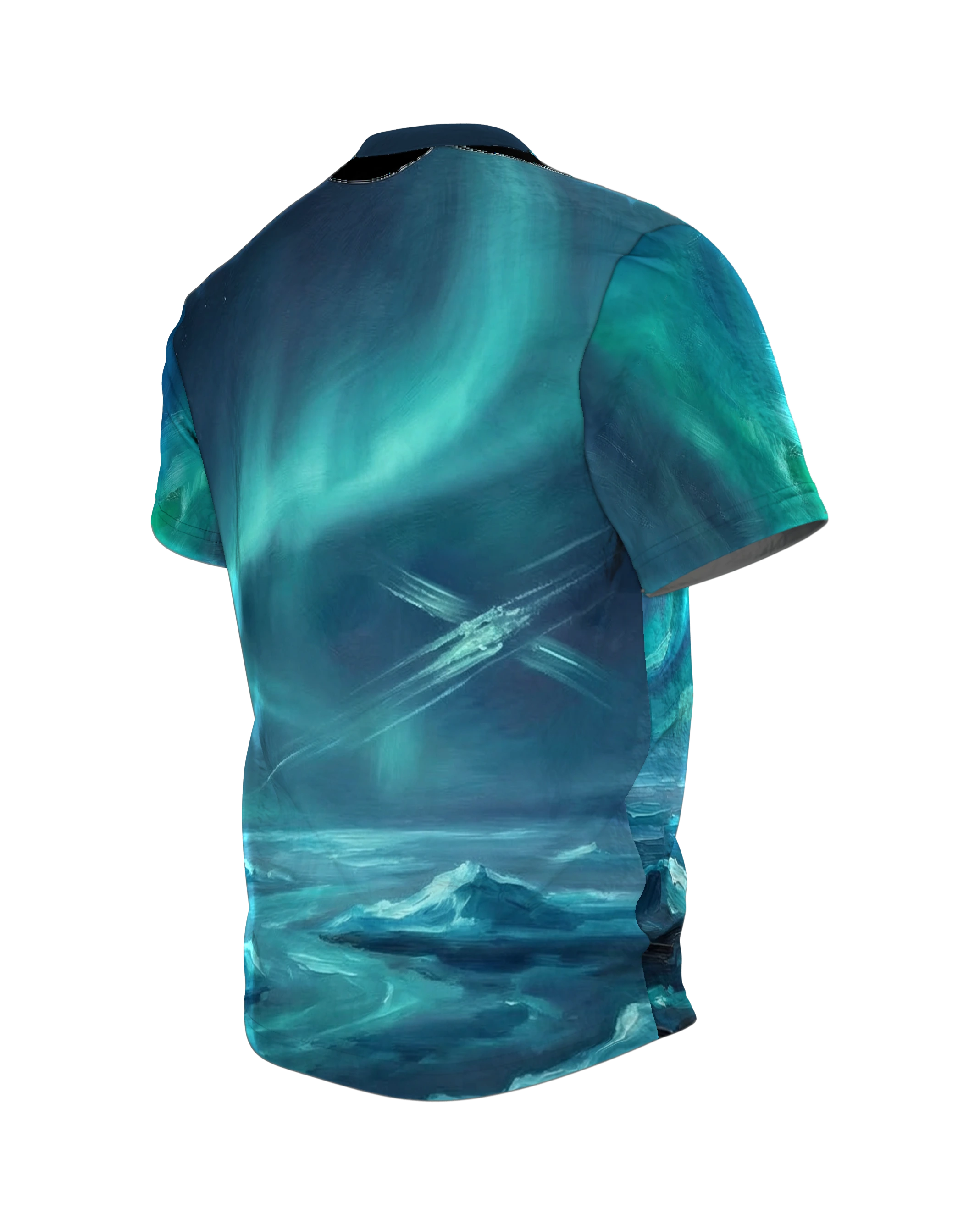 Satellit Polarlichter T-Shirt, gemalter Satellit über Wolkenmeer, Eismeer-Aurora am Rücken, Rückseite schräg links