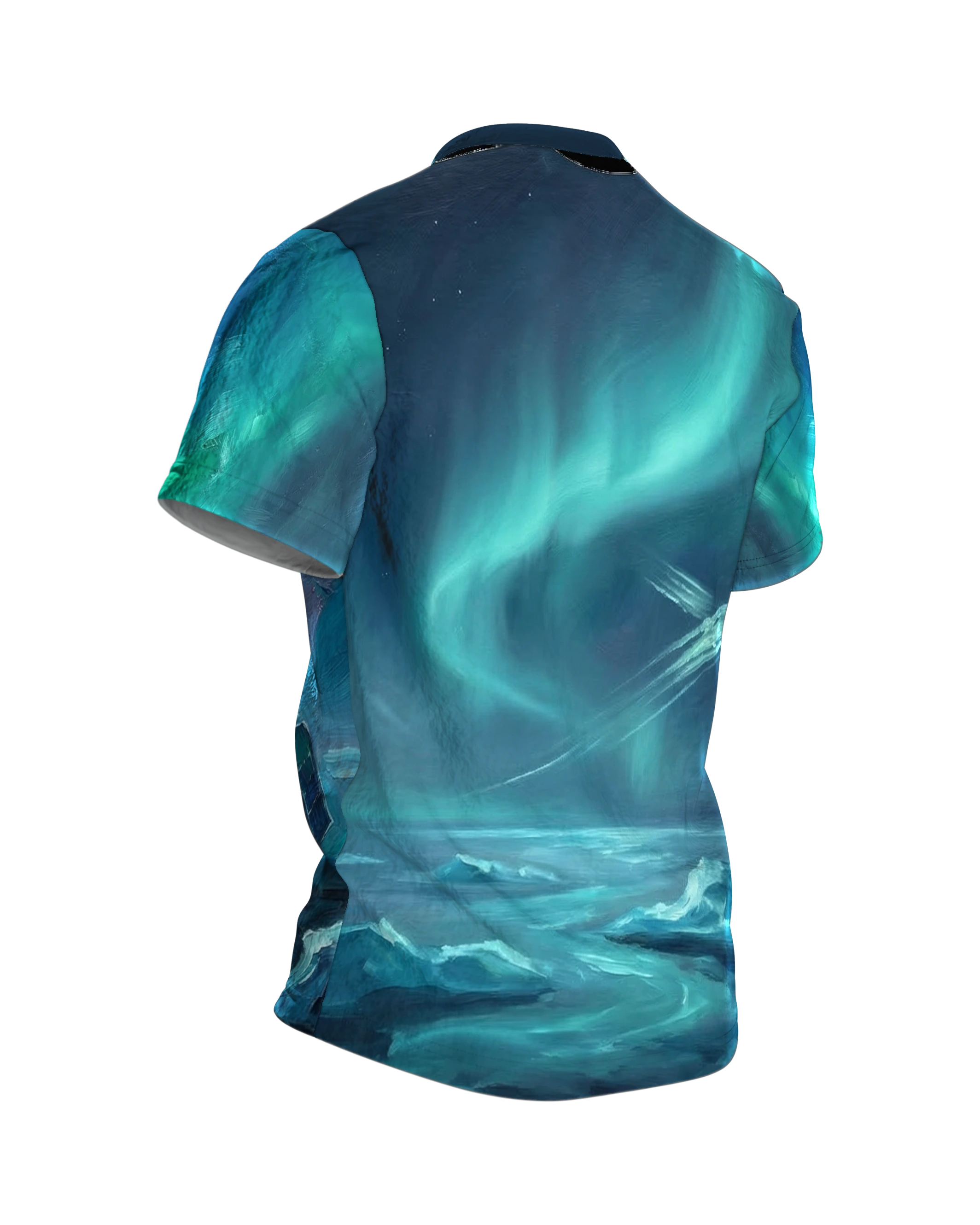 Satellit Polarlichter T-Shirt, gemalter Satellit über Wolkenmeer, Eismeer-Aurora am Rücken, Rückseite schräg rechts