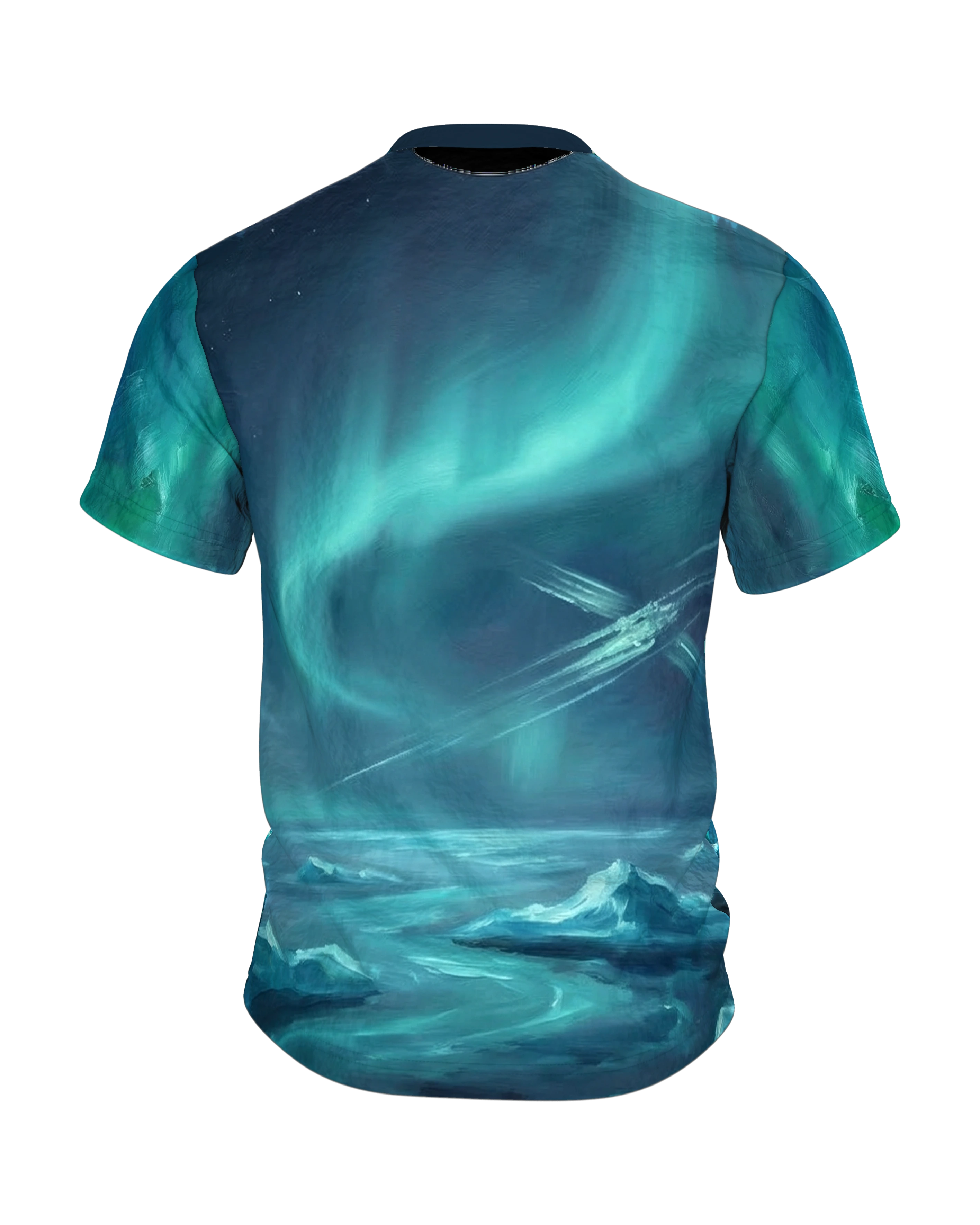 Satellit Polarlichter T-Shirt, gemalter Satellit über Wolkenmeer, Eismeer-Aurora am Rücken, Rückseite