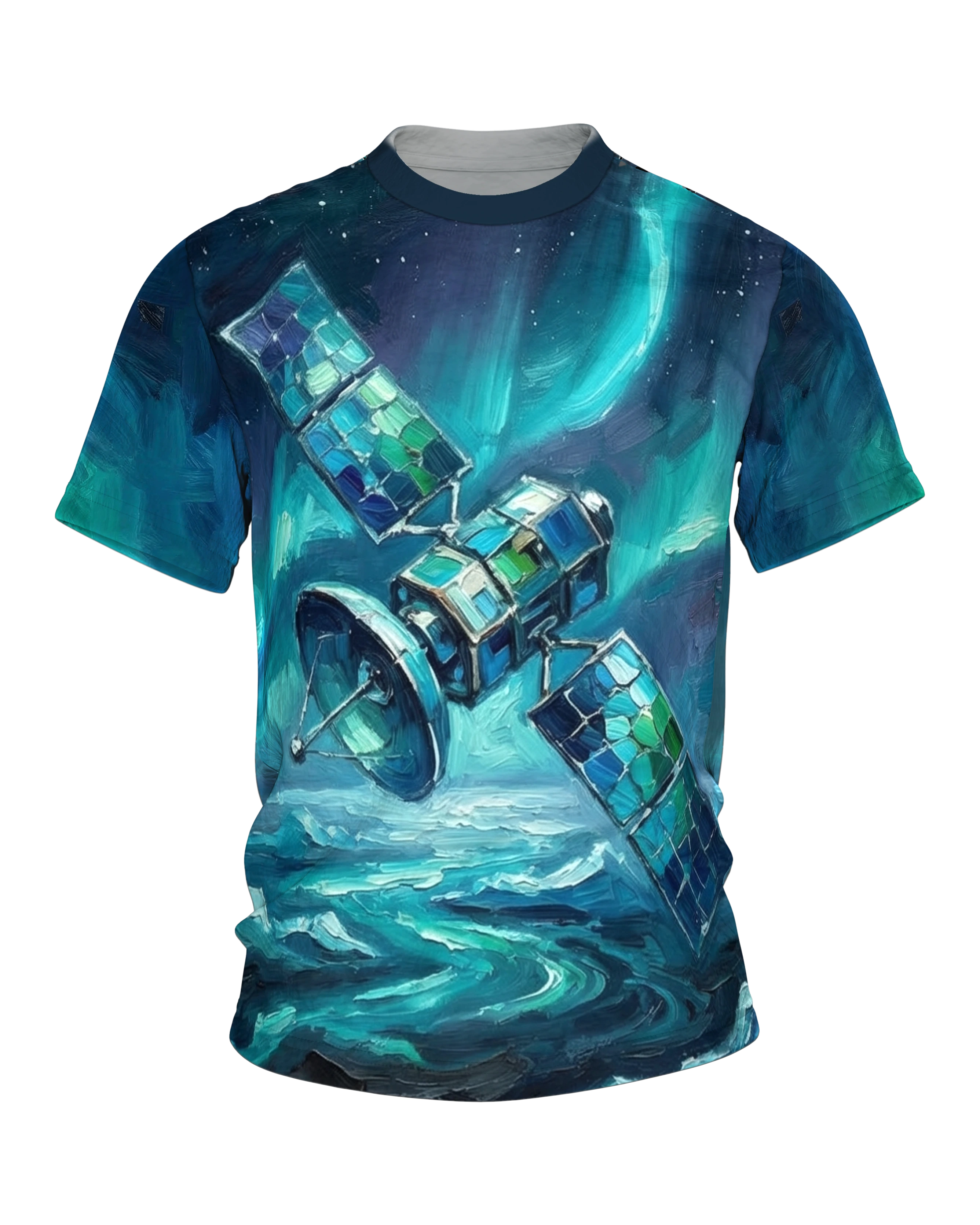 Satellit Polarlichter T-Shirt, gemalter Satellit über Wolkenmeer, Eismeer-Aurora am Rücken