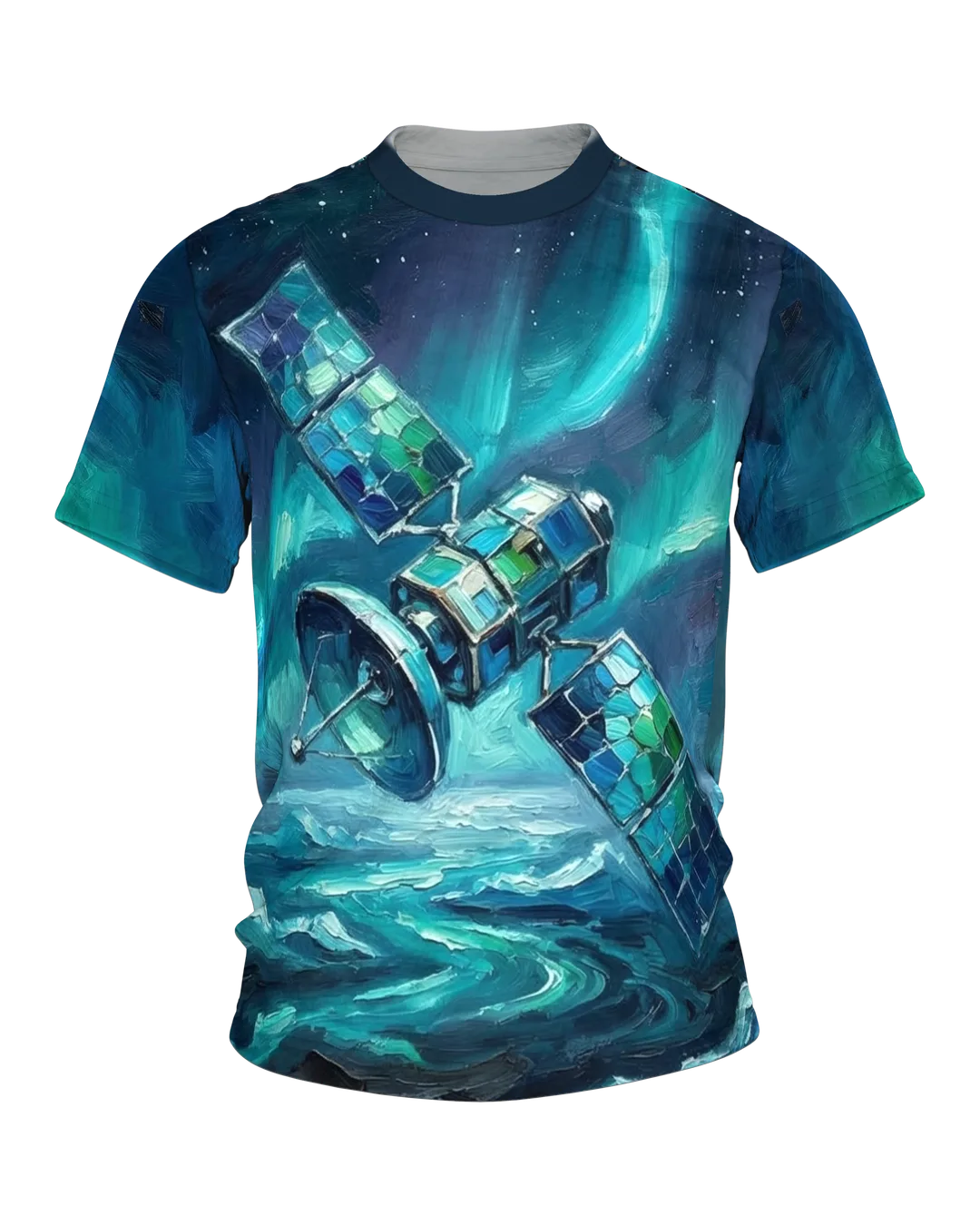 Satellit Polarlichter T-Shirt, gemalter Satellit über Wolkenmeer, Eismeer-Aurora am Rücken