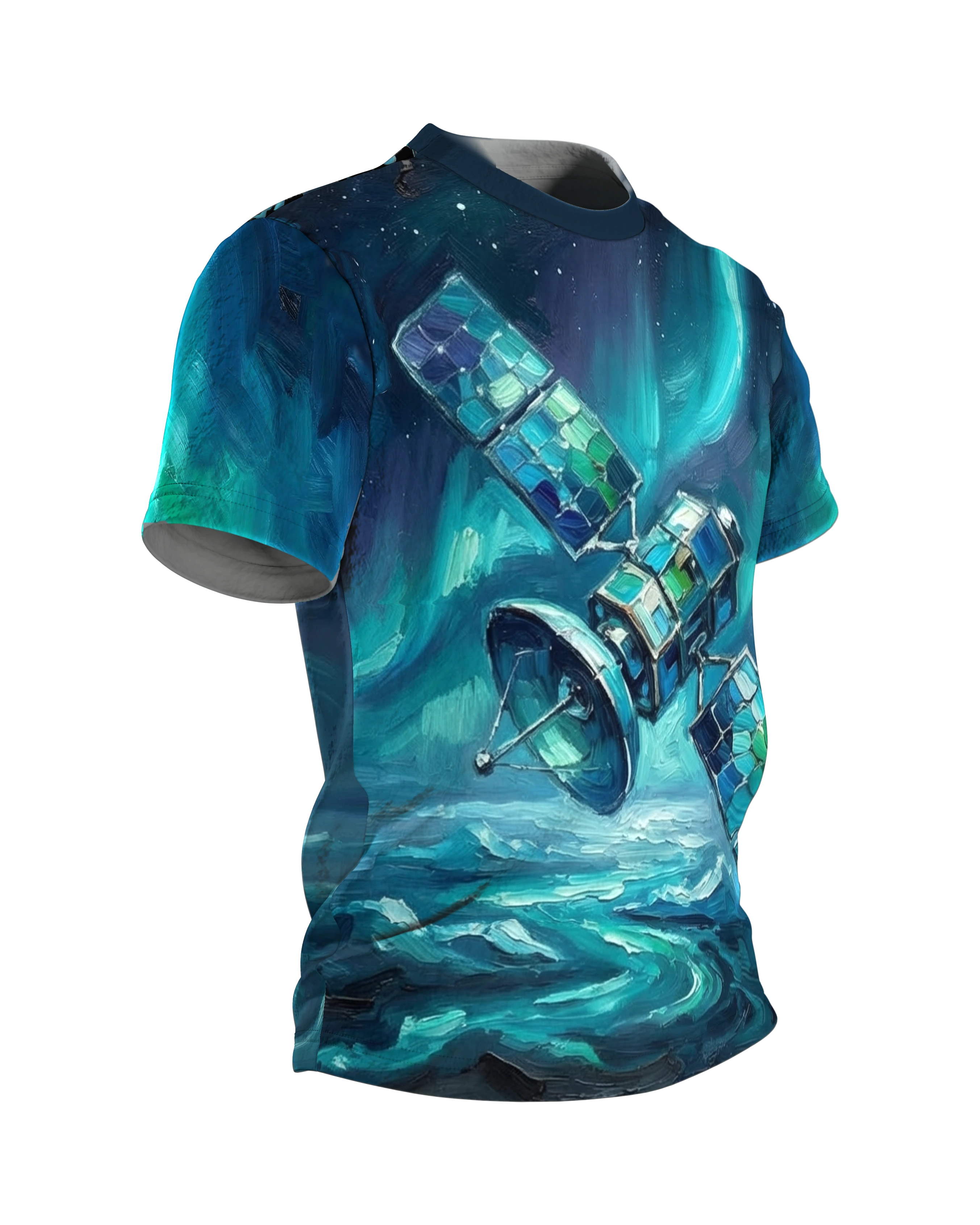 Satellit Polarlichter T-Shirt, gemalter Satellit über Wolkenmeer, Eismeer-Aurora am Rücken, Seitenansicht links