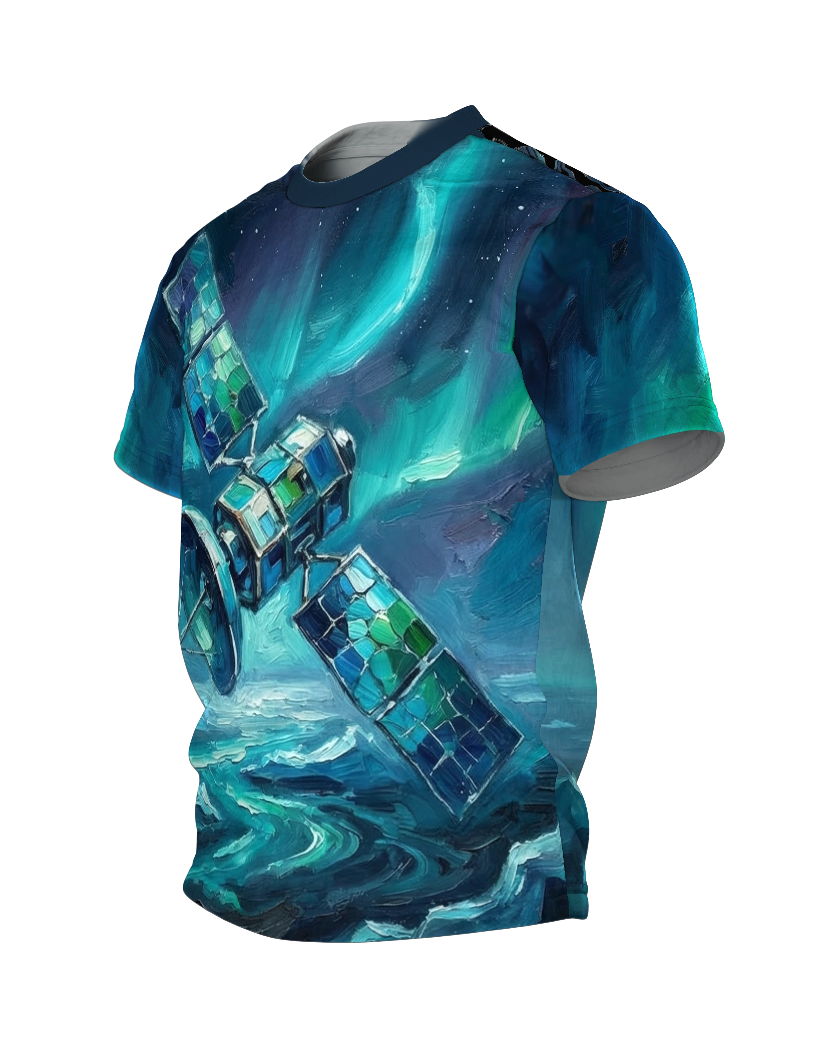 Satellit Polarlichter T-Shirt, gemalter Satellit über Wolkenmeer, Eismeer-Aurora am Rücken, Seitenansicht rechts