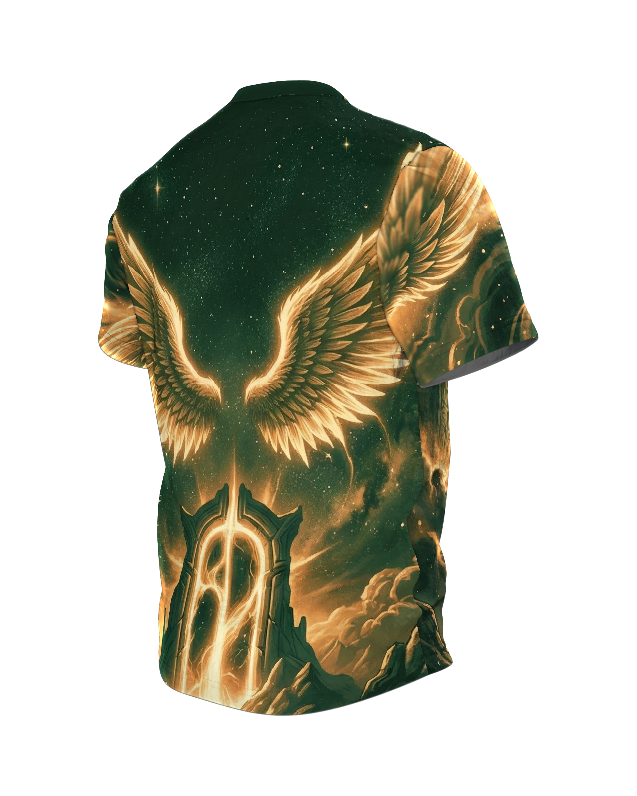 Leuchtende Engelsflügel T-Shirt: Mystisches Portal, Rückseite schräg links