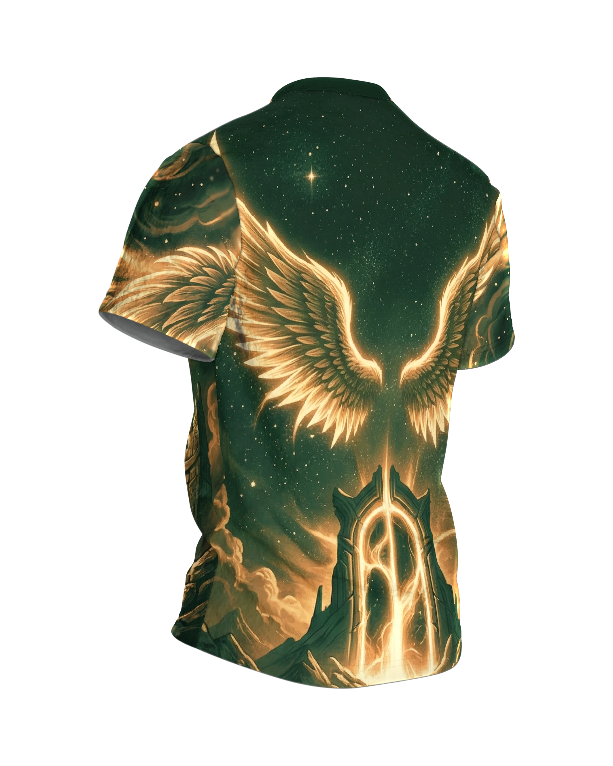 Leuchtende Engelsflügel T-Shirt: Mystisches Portal, Rückseite schräg rechts