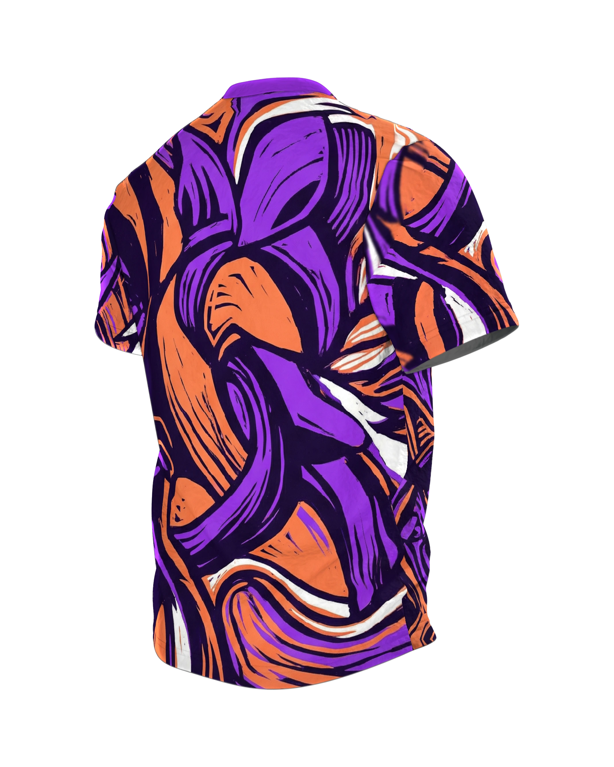Linocut Flügel T-Shirt, weißer Flügel gegen wilden Formensturm in Violett Orange, Rückseite schräg links