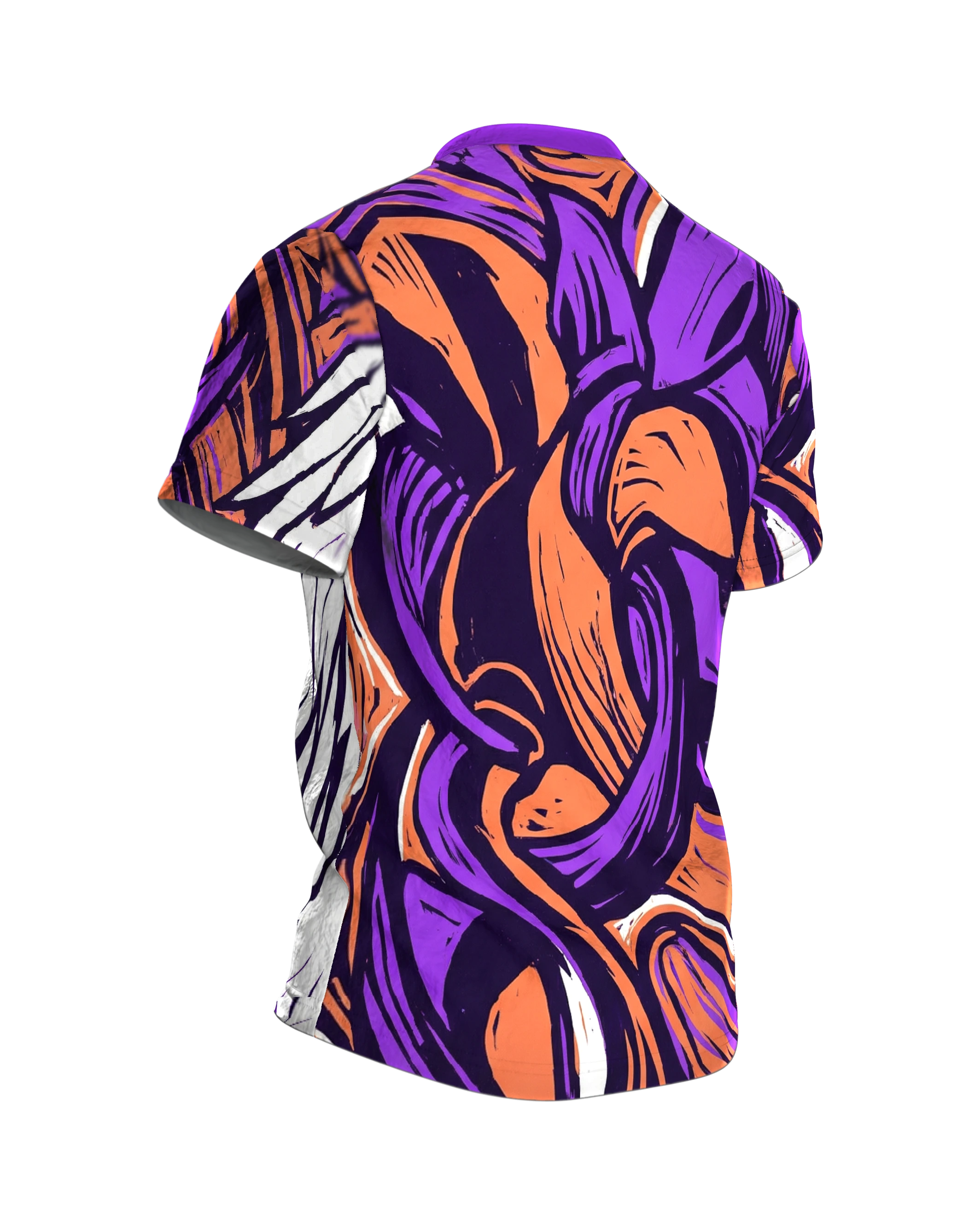 Linocut Flügel T-Shirt, weißer Flügel gegen wilden Formensturm in Violett Orange, Rückseite schräg rechts