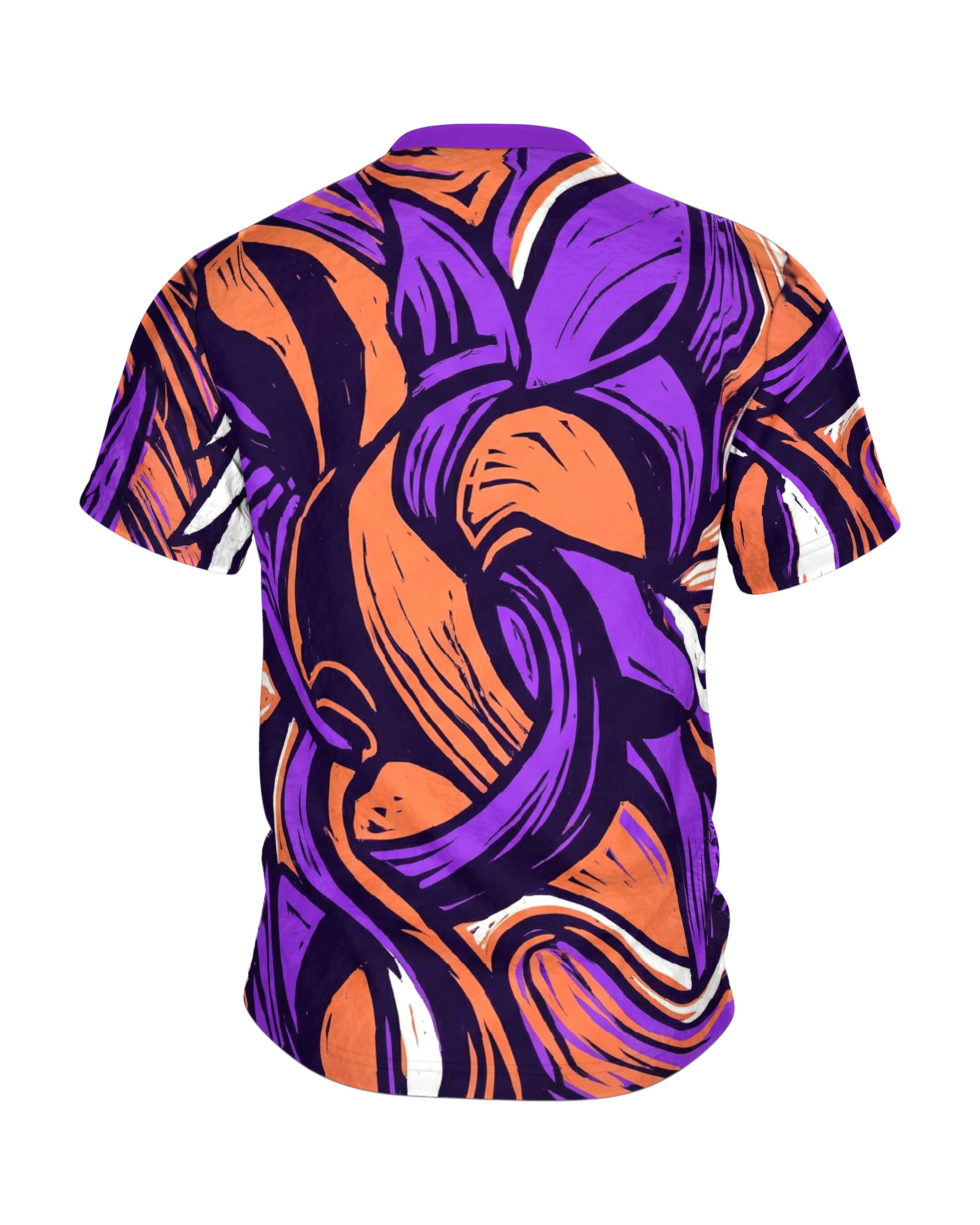 Linocut Flügel T-Shirt, weißer Flügel gegen wilden Formensturm in Violett Orange, Rückseite
