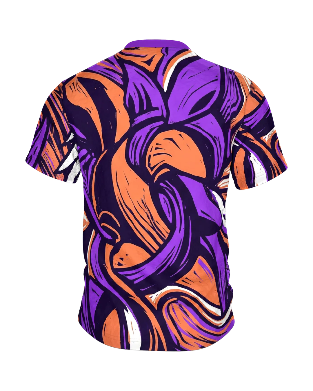 Linocut Flügel T-Shirt, weißer Flügel gegen wilden Formensturm in Violett Orange, Rückseite