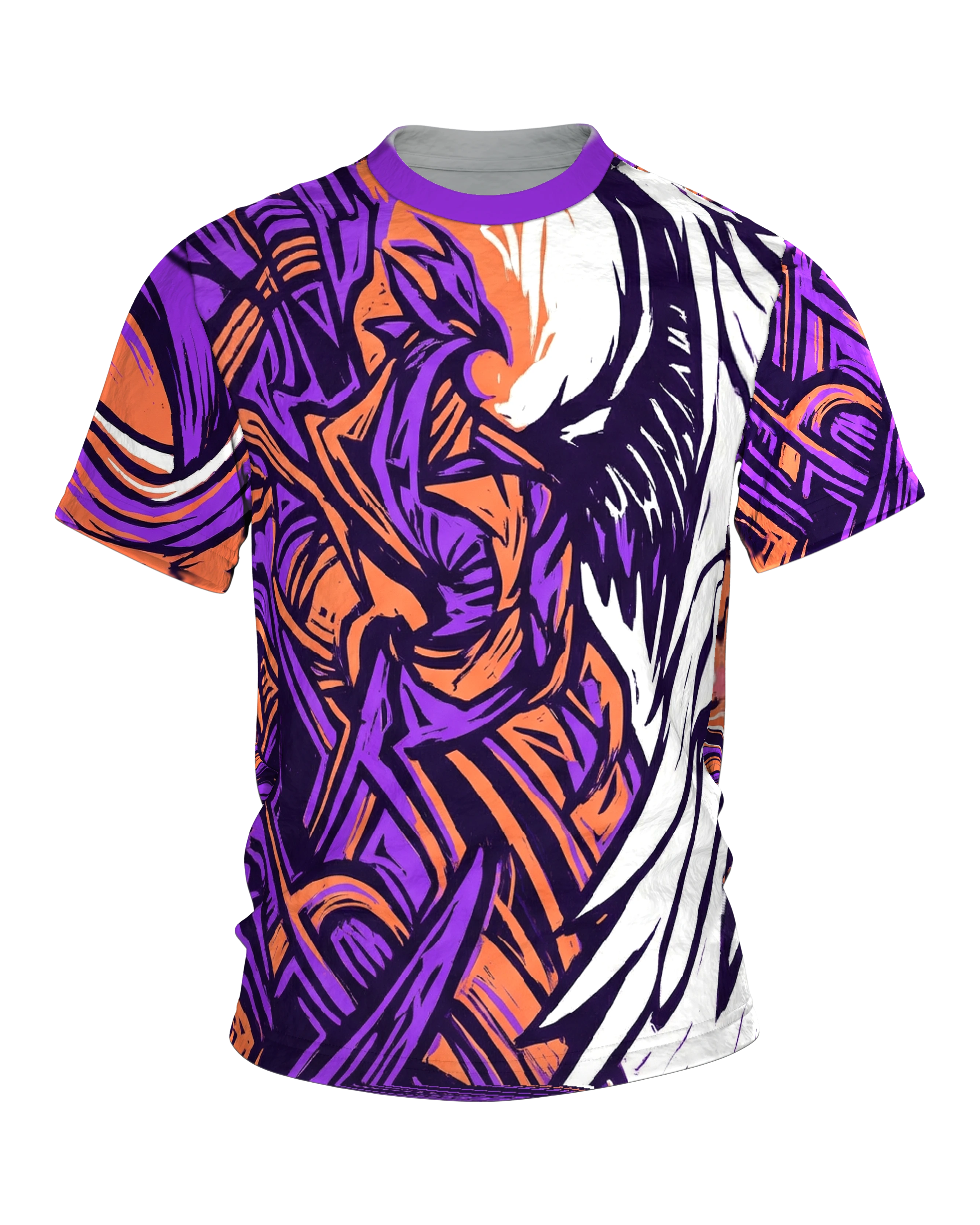Linocut Flügel T-Shirt, weißer Flügel gegen wilden Formensturm in Violett Orange