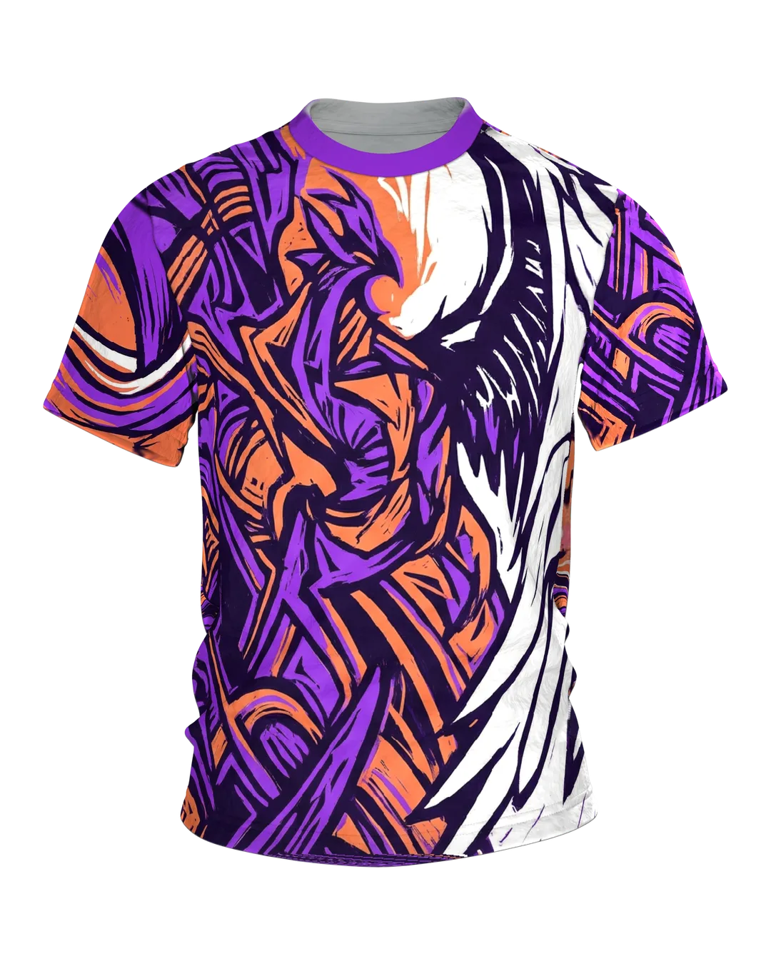 Linocut Flügel T-Shirt, weißer Flügel gegen wilden Formensturm in Violett Orange
