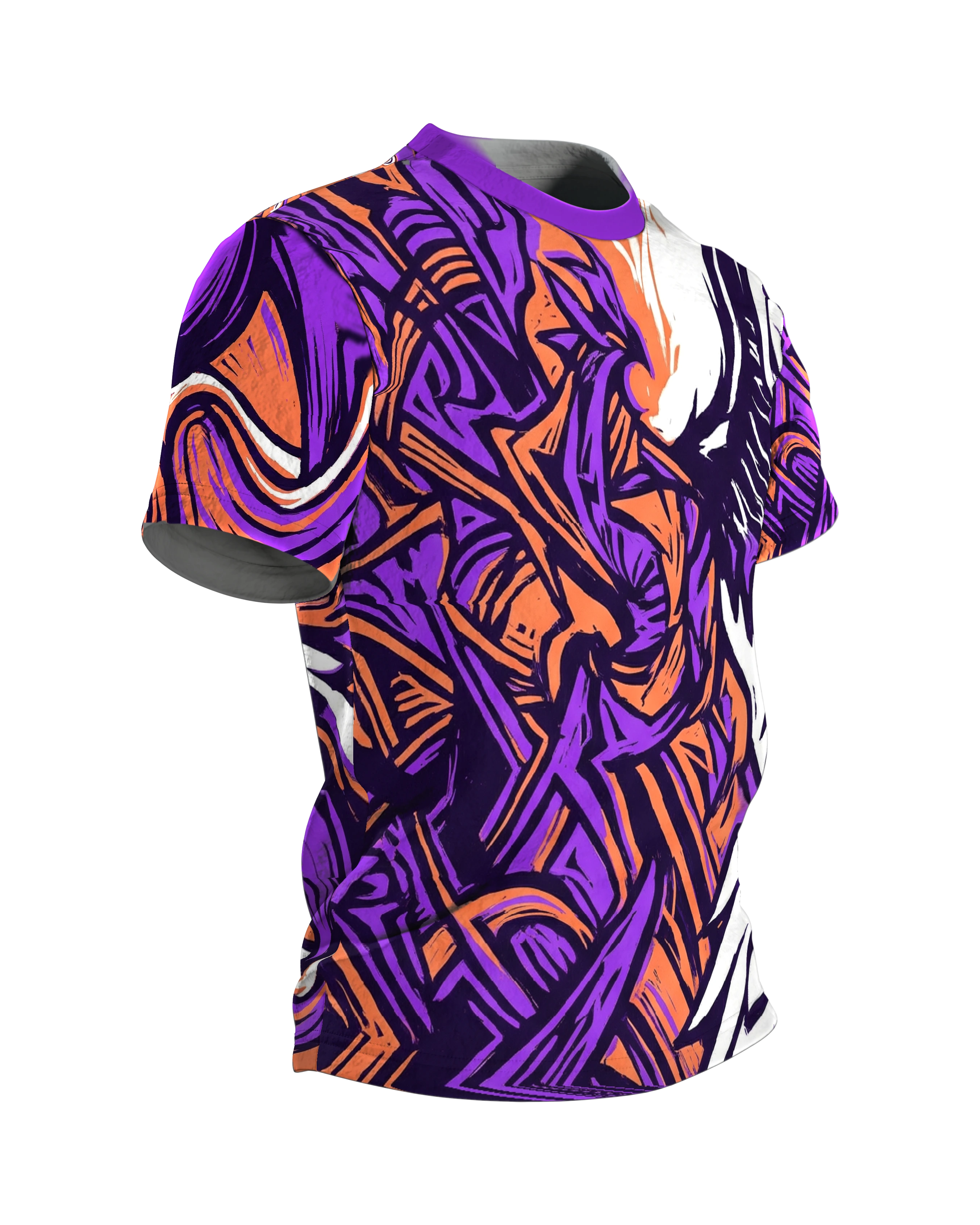 Linocut Flügel T-Shirt, weißer Flügel gegen wilden Formensturm in Violett Orange, Seitenansicht links