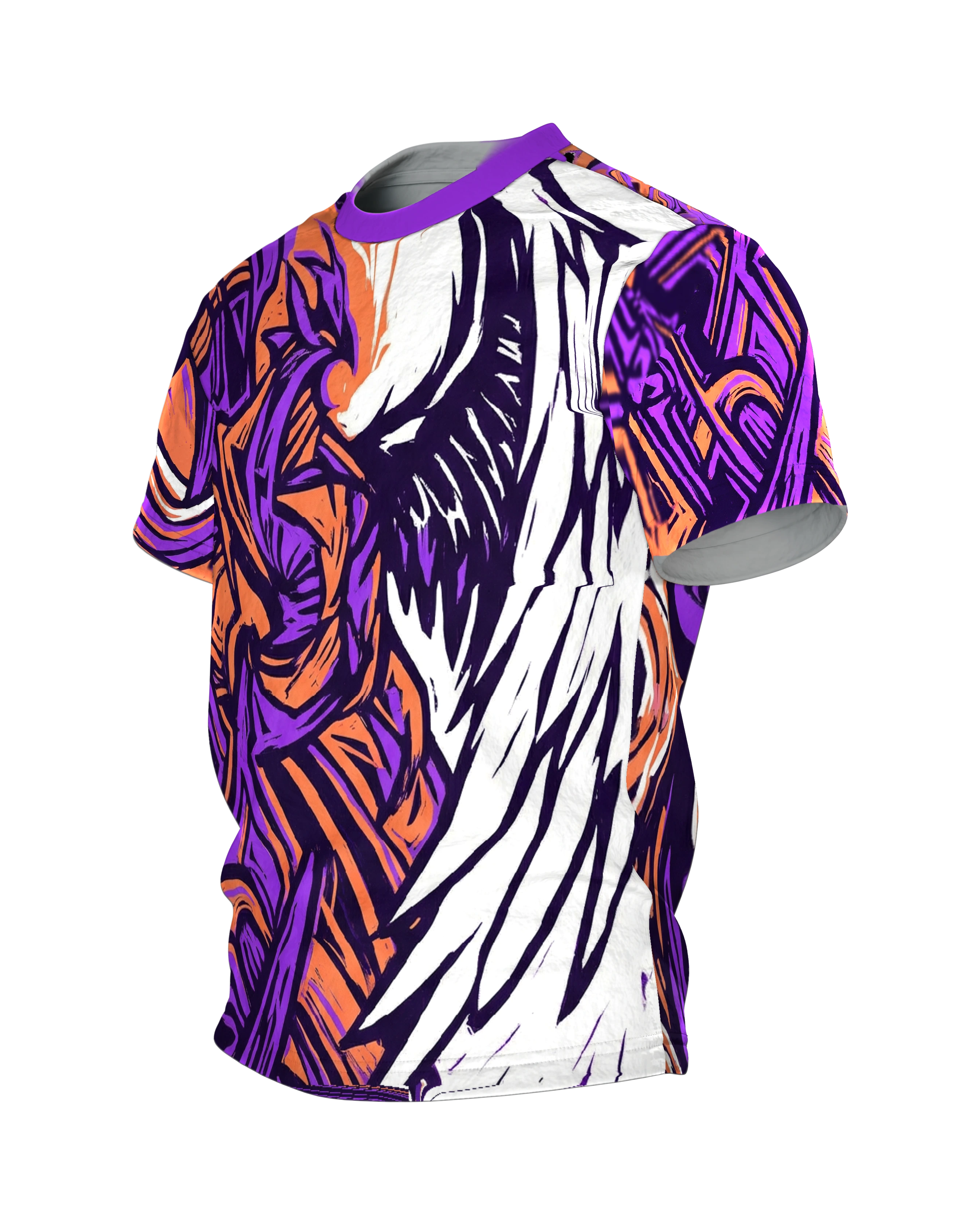 Linocut Flügel T-Shirt, weißer Flügel gegen wilden Formensturm in Violett Orange, Seitenansicht rechts