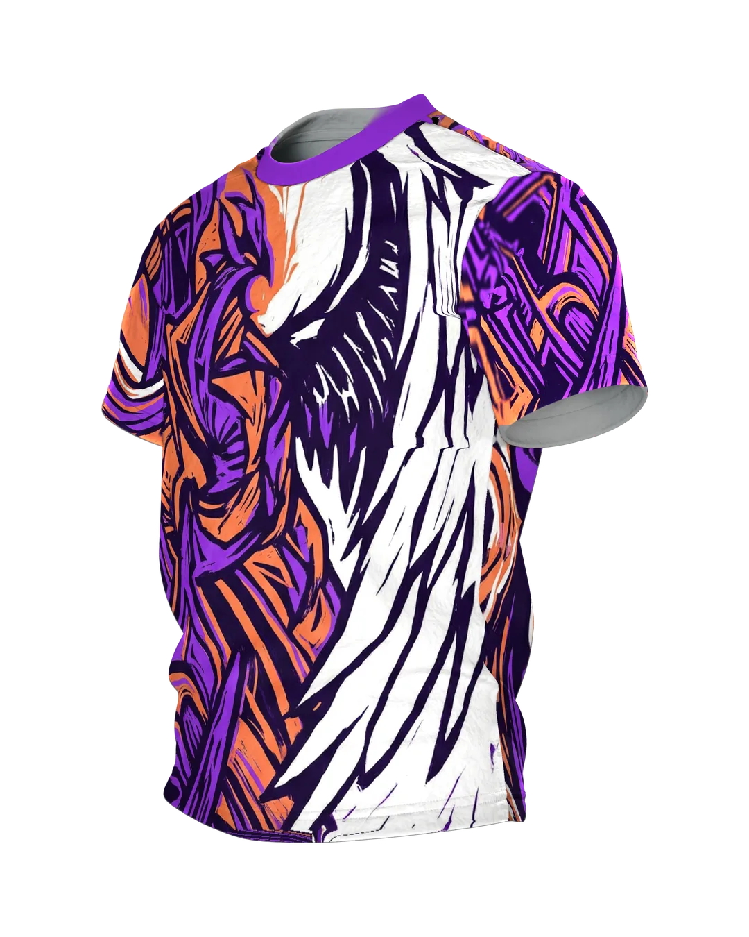 Linocut Flügel T-Shirt, weißer Flügel gegen wilden Formensturm in Violett Orange, Seitenansicht rechts