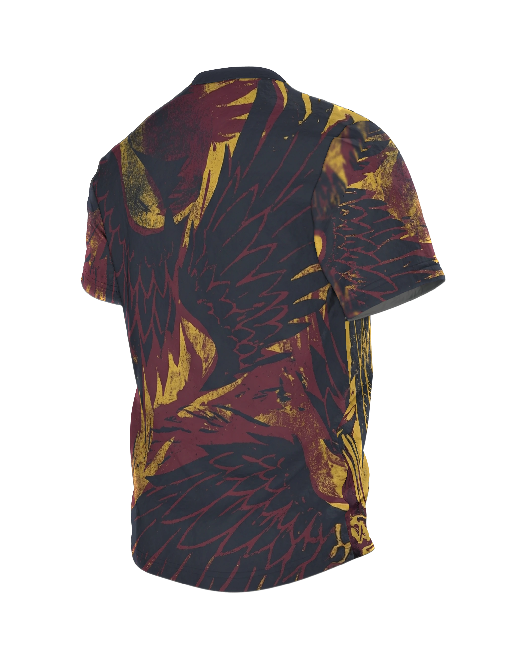 Phoenix-Engel T-Shirt, Holzschnitt-Allover mit Flammenaufstieg in Gelb Burgund Schwarz, Rückseite schräg links