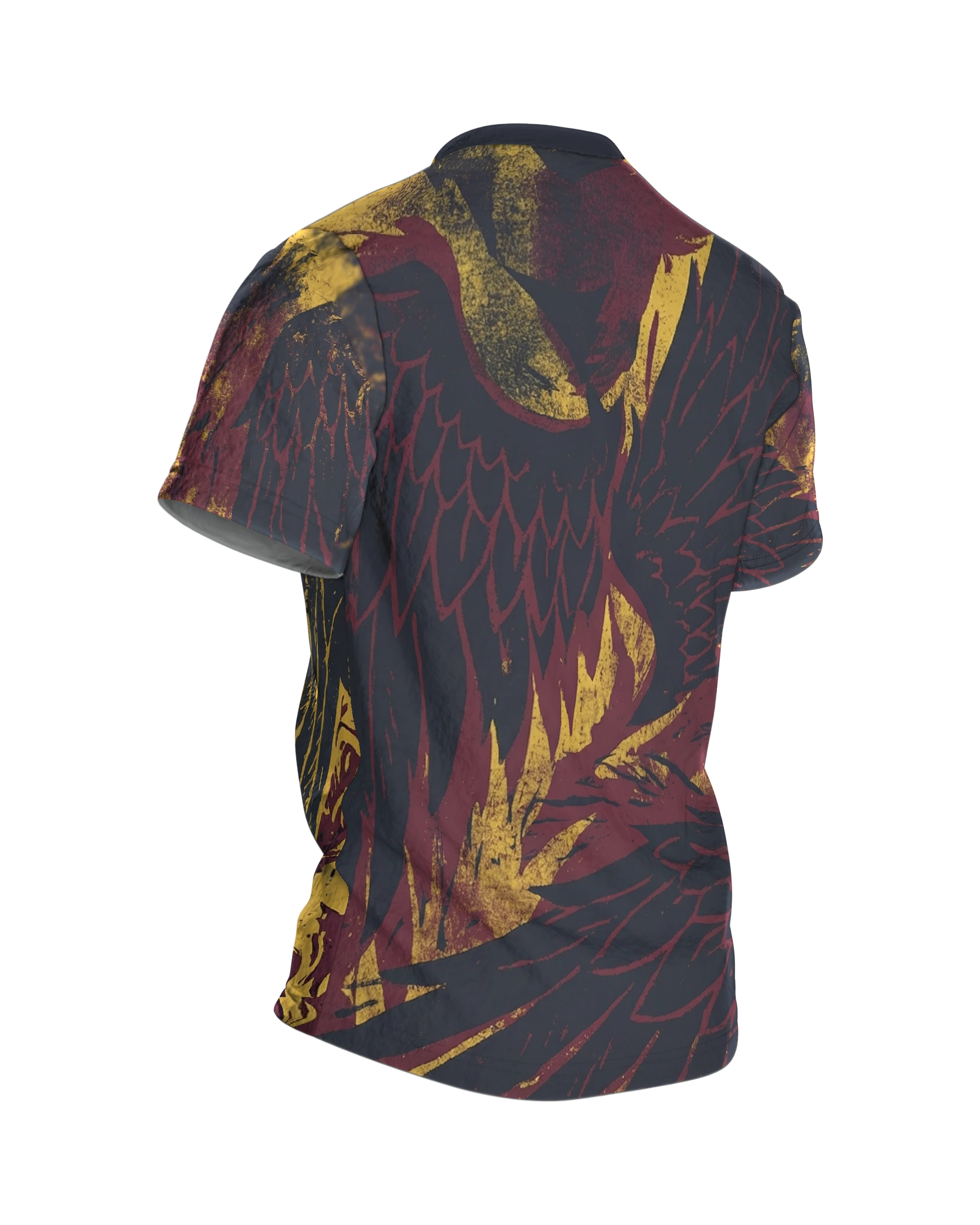 Phoenix-Engel T-Shirt, Holzschnitt-Allover mit Flammenaufstieg in Gelb Burgund Schwarz, Rückseite schräg rechts