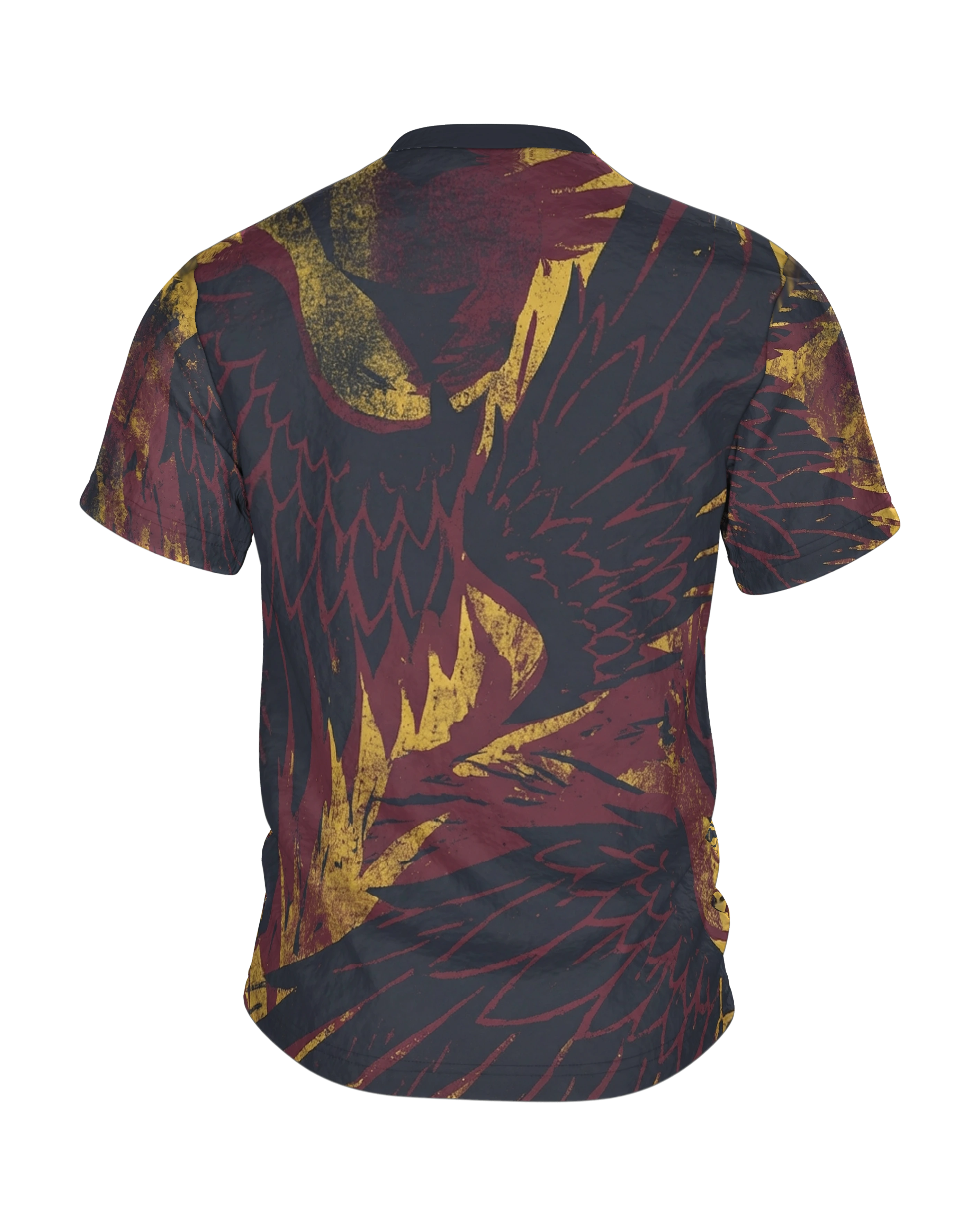 Phoenix-Engel T-Shirt, Holzschnitt-Allover mit Flammenaufstieg in Gelb Burgund Schwarz, Rückseite