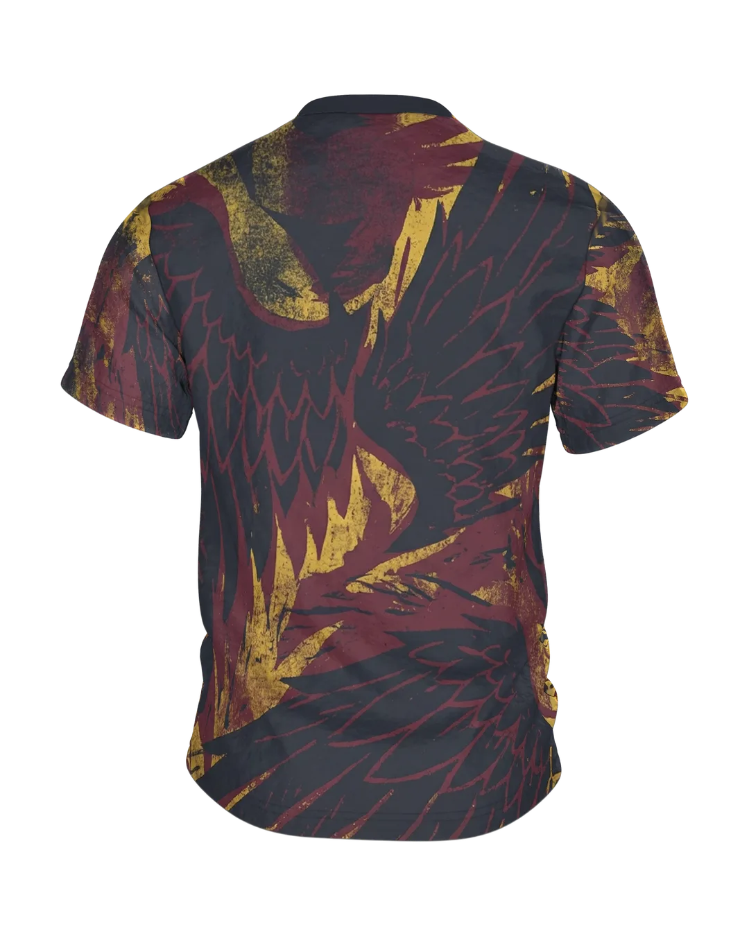 Phoenix-Engel T-Shirt, Holzschnitt-Allover mit Flammenaufstieg in Gelb Burgund Schwarz, Rückseite