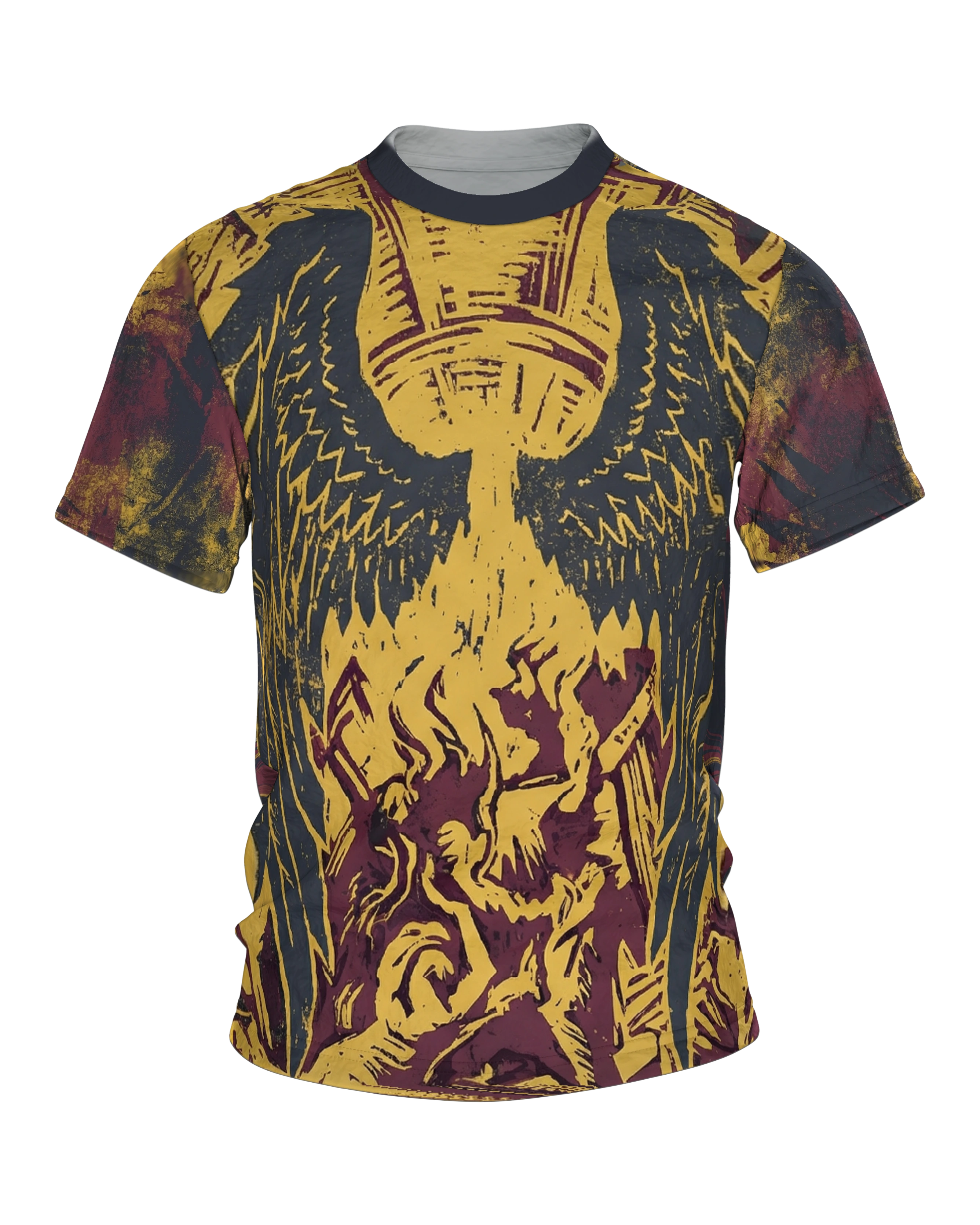 Phoenix-Engel T-Shirt, Holzschnitt-Allover mit Flammenaufstieg in Gelb Burgund Schwarz