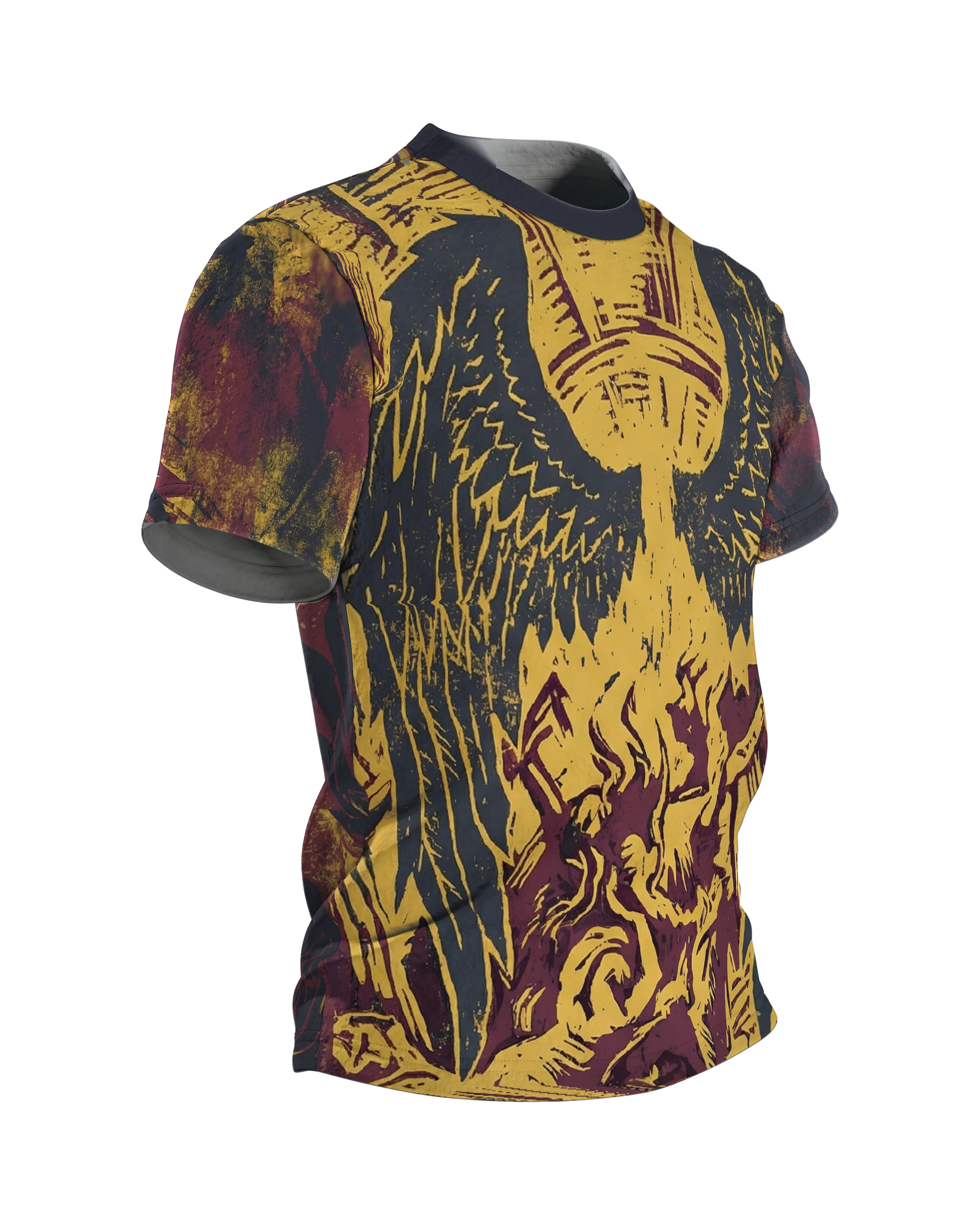 Phoenix-Engel T-Shirt, Holzschnitt-Allover mit Flammenaufstieg in Gelb Burgund Schwarz, Seitenansicht links
