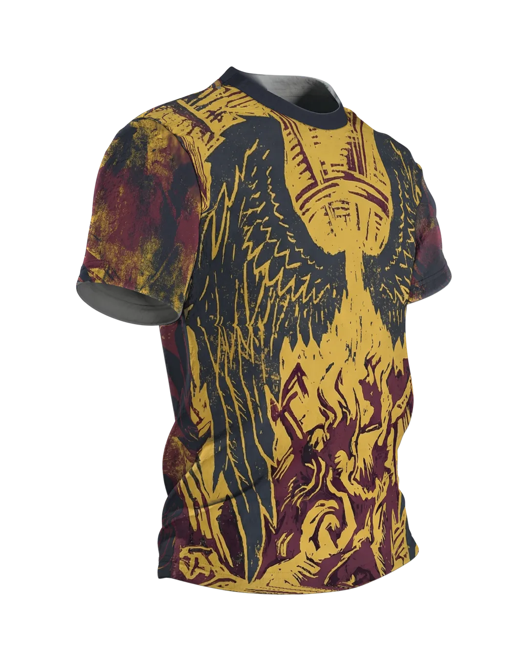 Phoenix-Engel T-Shirt, Holzschnitt-Allover mit Flammenaufstieg in Gelb Burgund Schwarz, Seitenansicht links