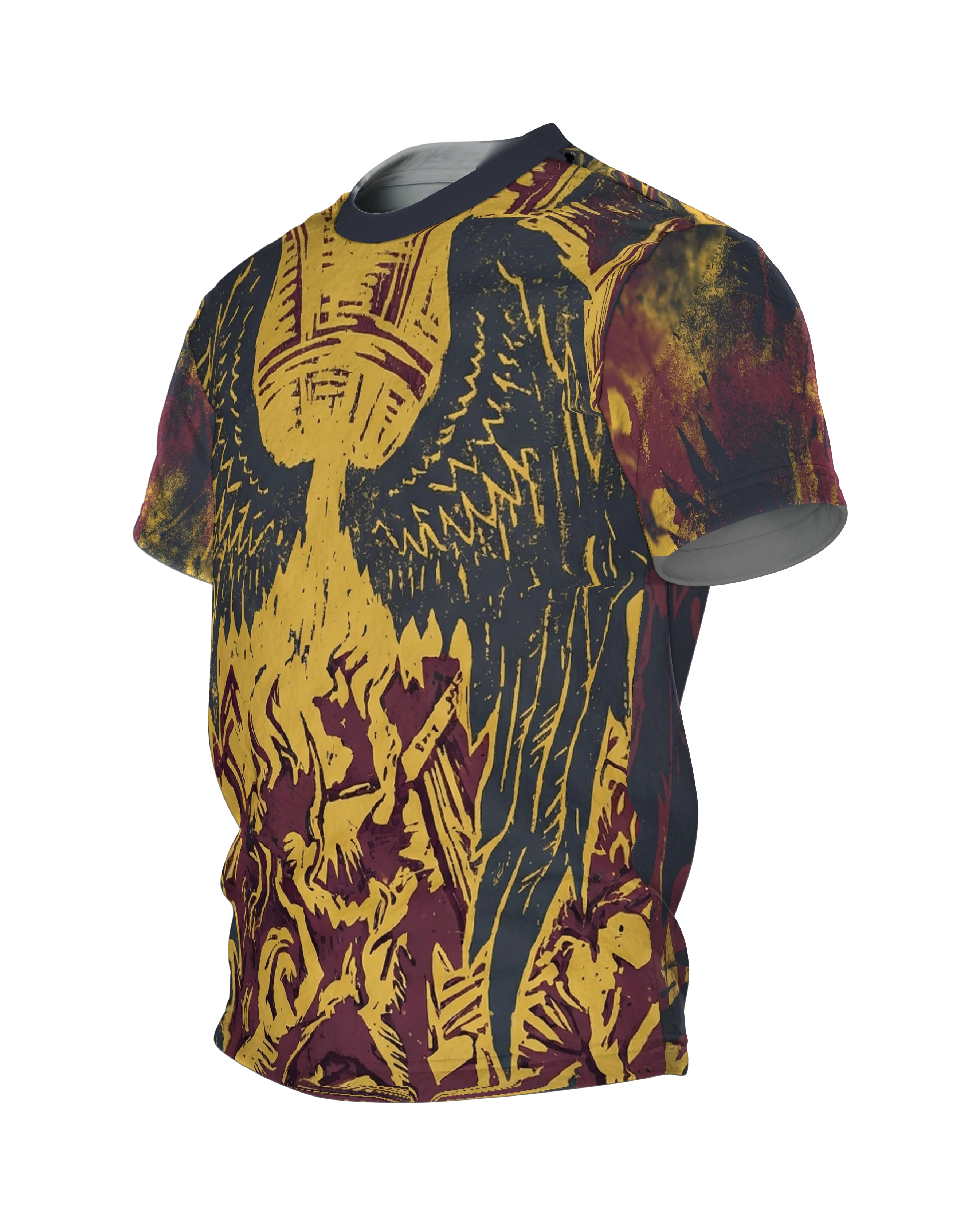 Phoenix-Engel T-Shirt, Holzschnitt-Allover mit Flammenaufstieg in Gelb Burgund Schwarz, Seitenansicht rechts